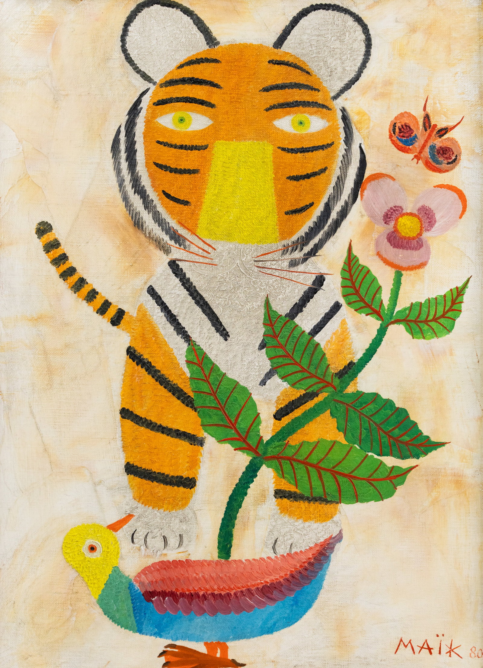 Henri Hecht Maik Tiger Oil on Canvas Painting: A Henri Hecht Maik (French, 1922-1993) untitled painting of a tiger stalking a bird. Signed and dated '80' lower right. Provenance: from the collection of George Folkes purchased at Wally Findlay in N