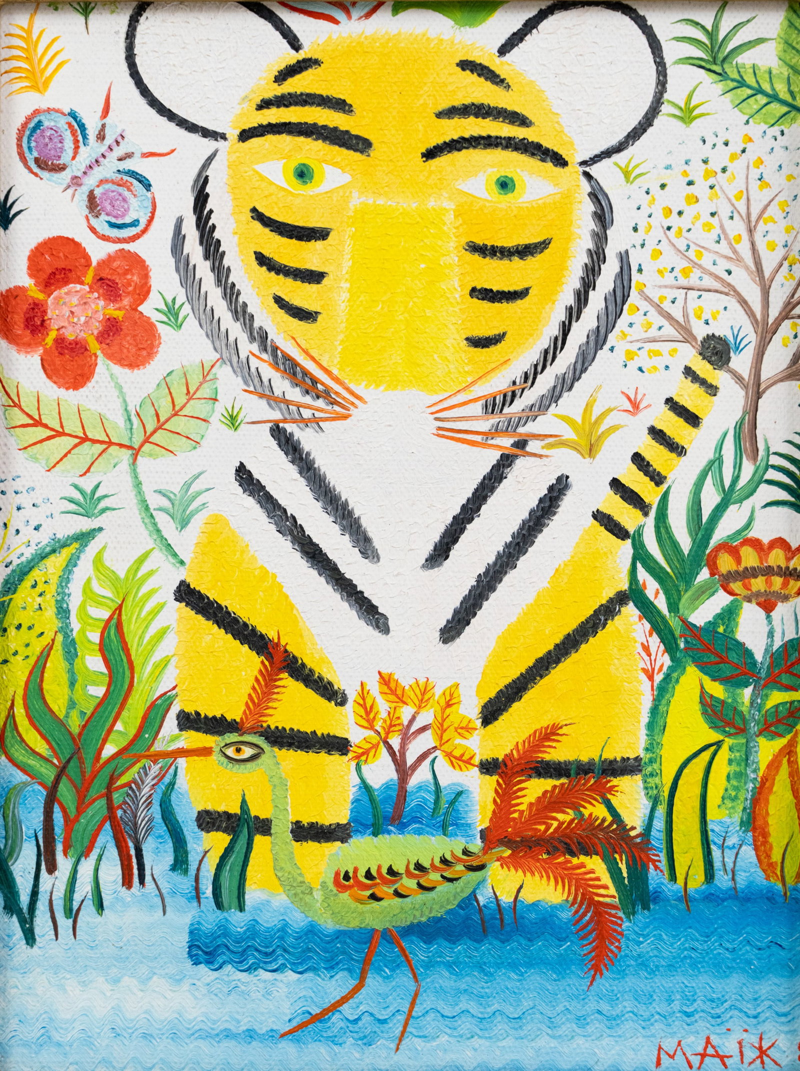 Henri Hecht Maik Tiger Oil on Canvas Painting: A Henri Hecht Maik (French, 1922-1993) untitled painting of a tiger flanked on either side by foliage and stalking a bird. Signed lower right. Presented in a wood frame with a brass name plate just be