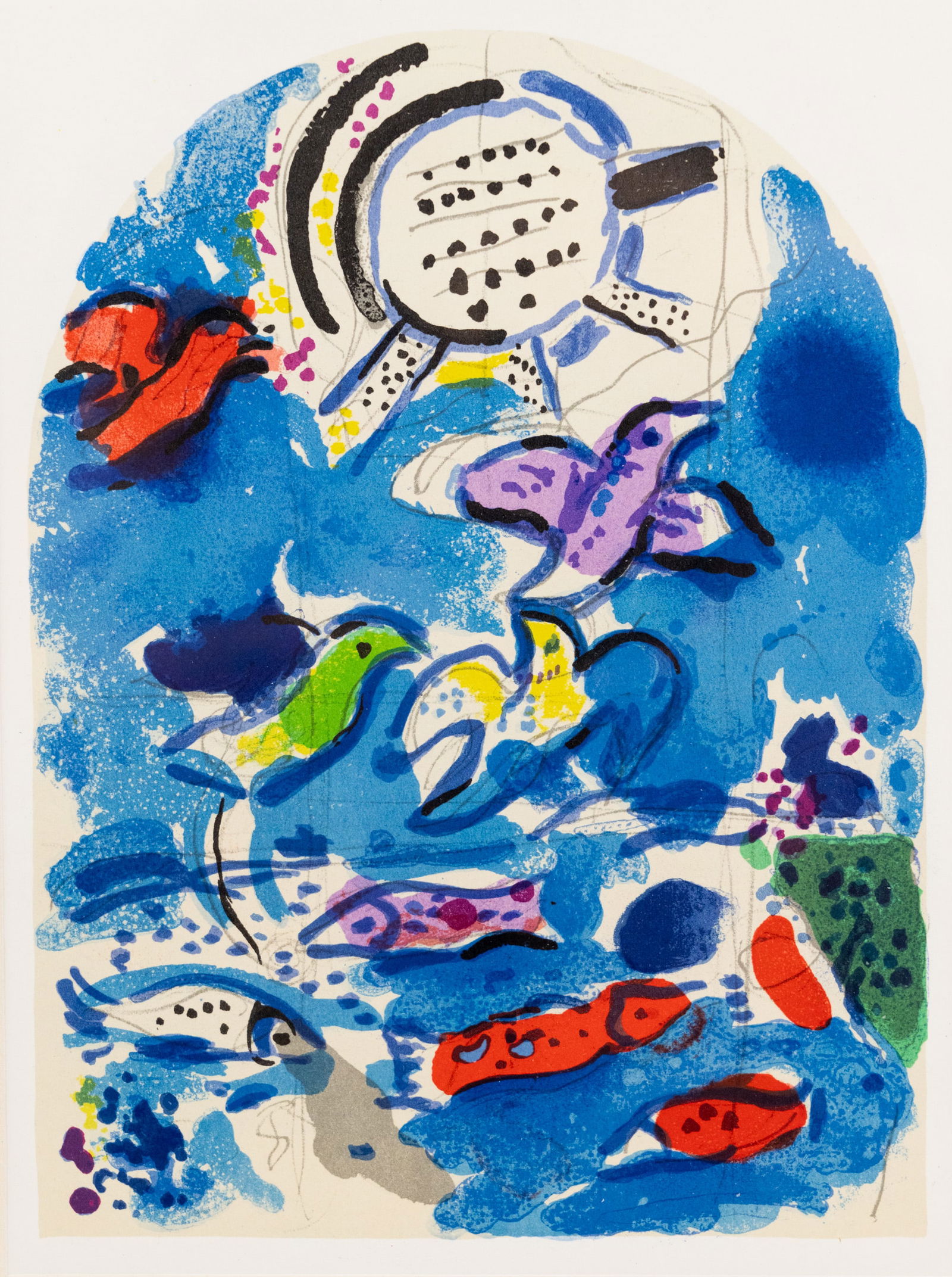 Marc Chagall 'Reuben II' First Edition Lithograph: A Marc Chagall (Russian/French 1887-1985) first edition lithograph titled 'Reuben II' depicting what appears to be a scene of birds and fish. Also including a certificate of authenticity stating that