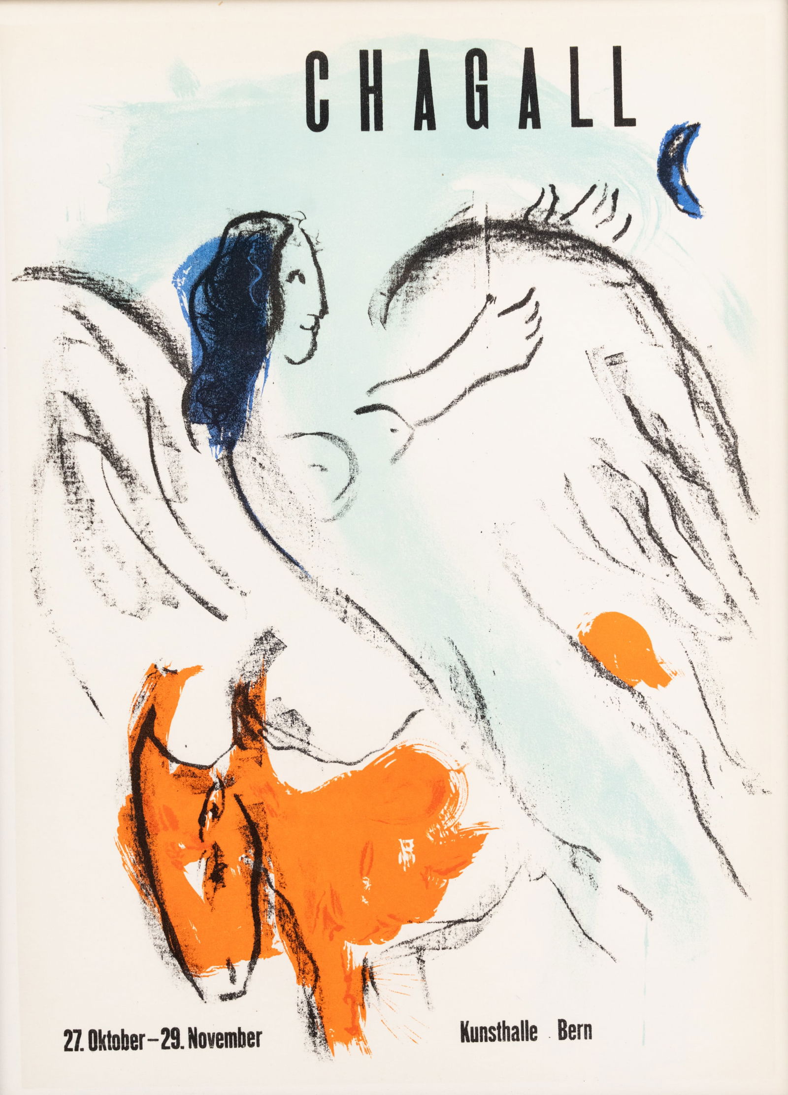 Marc Chagall 'Chagall Kunsthalle Bern' Lithograph: A Marc Chagall (Russian/French 1887-1985) original lithograph titled 'Chagall Kunsthalle Bern' depicting a nude angelic figure leaning against what appears to be a donkey. Also including a certificate