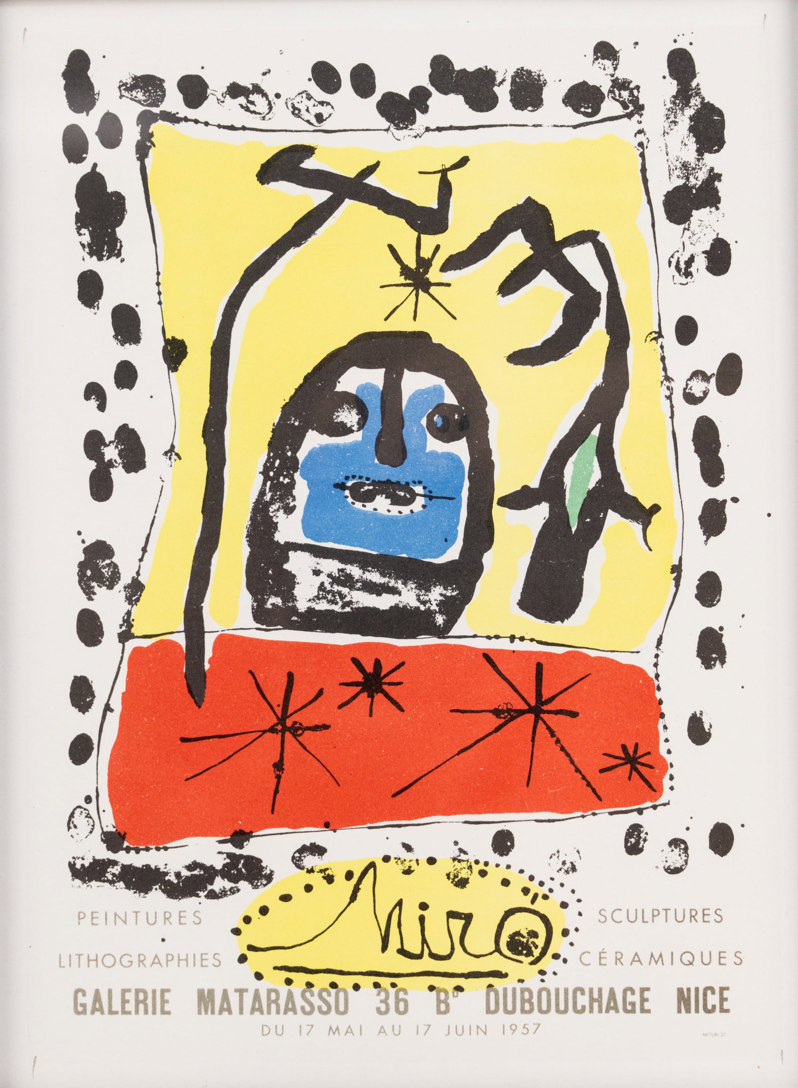 Joan Miro 'Galerie Matarasso' Lithograph: A Joan Miro (Spanish 1893-1983)original lithograph titled 'Miro' or 'Galerie Matarasso' advertising his exhibition at Galerie Matarasso in France in 1957. Signed lower center. Also including a certifi