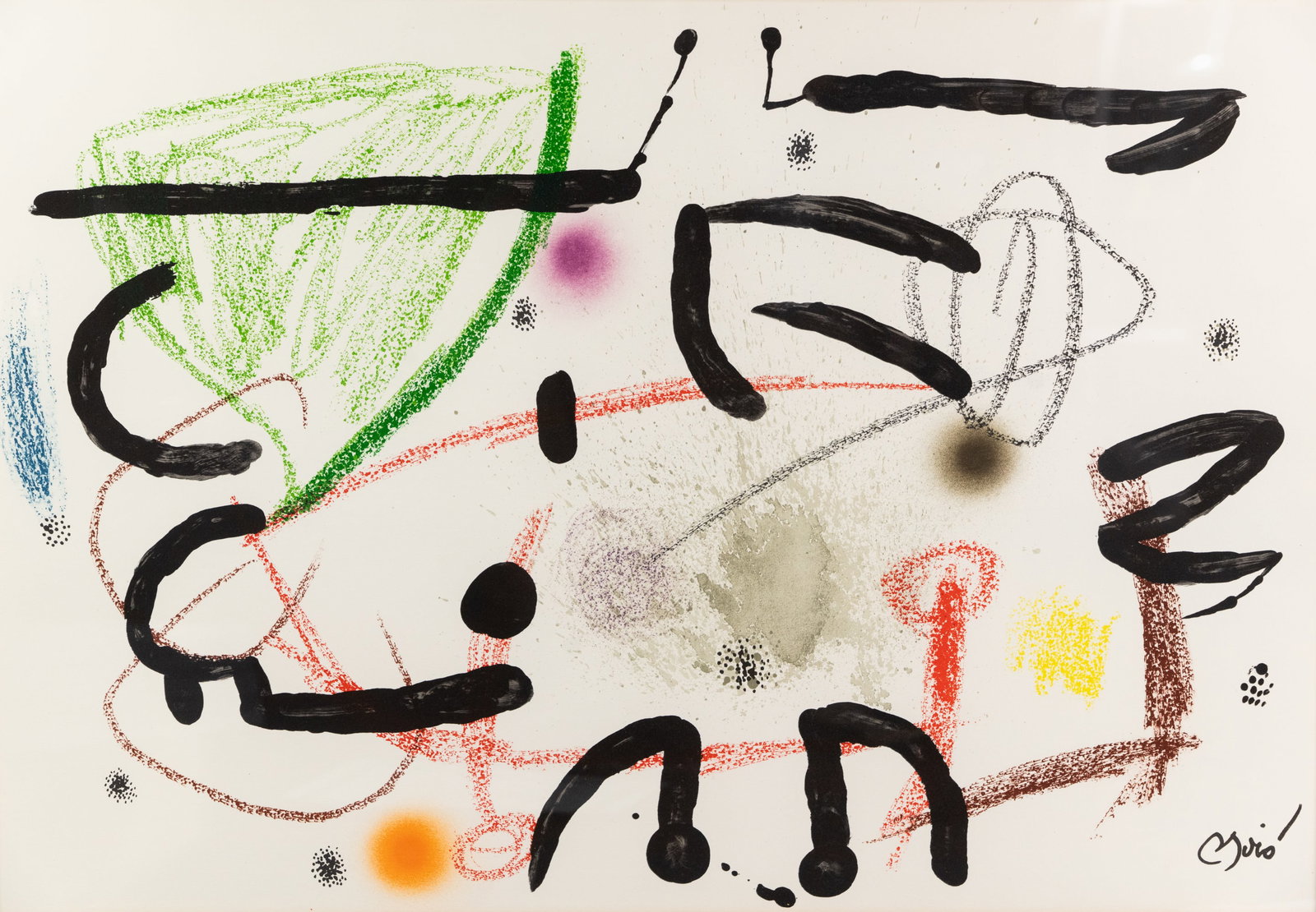 Joan Miro "Maravillas XV" First State Lithograph: A Joan Miro (Spanish 1893-1983) first state, first printing original lithograph on paper titled 'Maravillas XV'. Also including a certificate of authenticity. Presented in a frame behind glass. Sight: