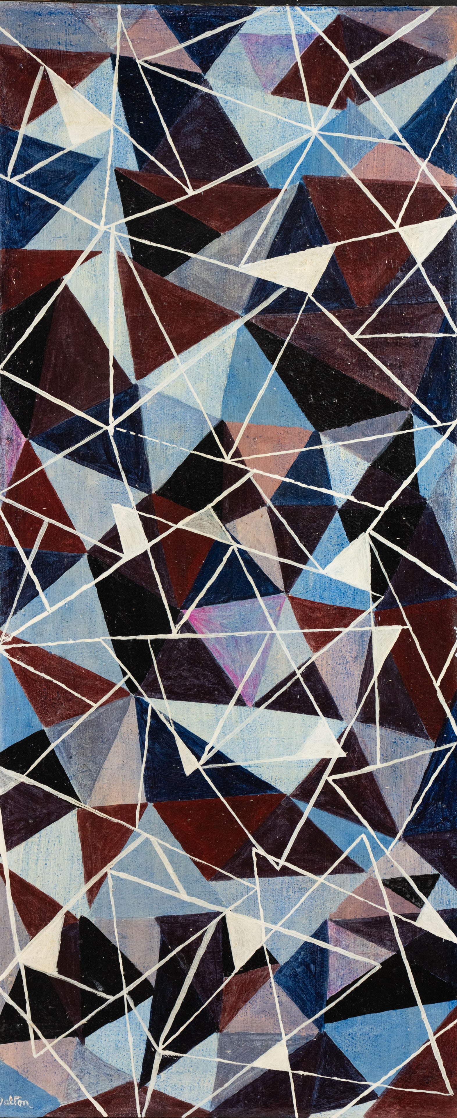 Abstract Cubist Oil on Canvas Signed Walton: An abstract cubist oil on canvas depicting layered triangles in blues, red and purples. Signed 'Walton' lower left. Presented in a white painted wooden frame.