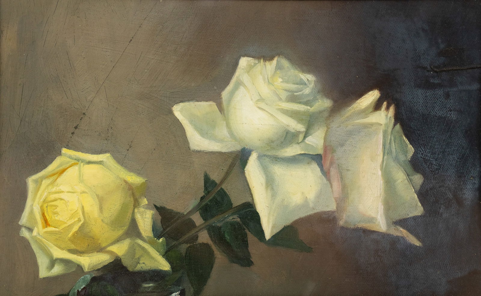 Attributed Julian Alden Weir O/B Roses Still Life: Attributed Julia Alden Weir oil on board depicting three roses against a tan background. Unmarked. Presented in a gilt frame behind glass. Sight: 7" x 10.5"