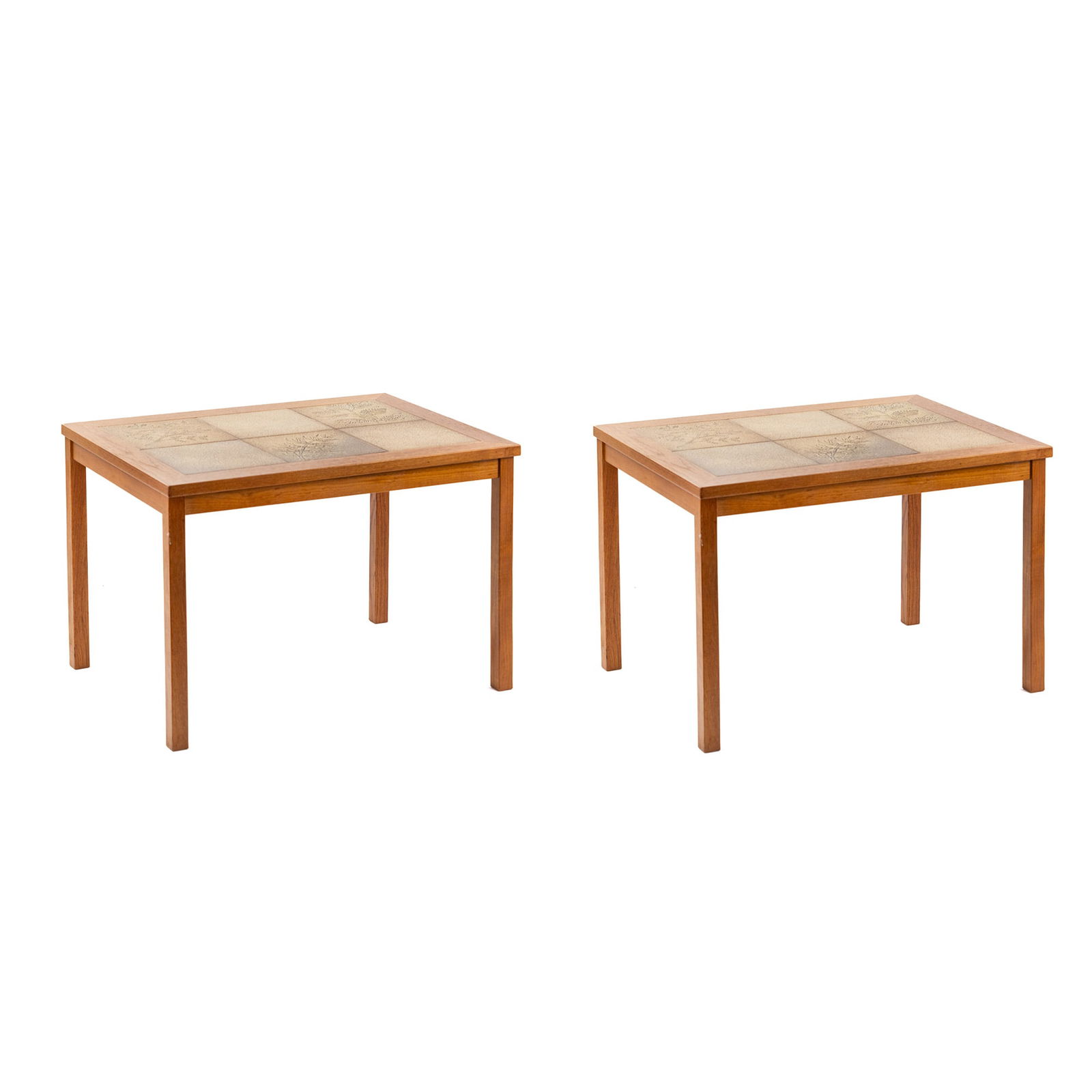 (2) Poul H Poulsen Style Tile End Tables: A Danish Modern tile top teak rectangular coffee table in the style of Poul H. Poulsen having plant leaf design tiles inset in top.