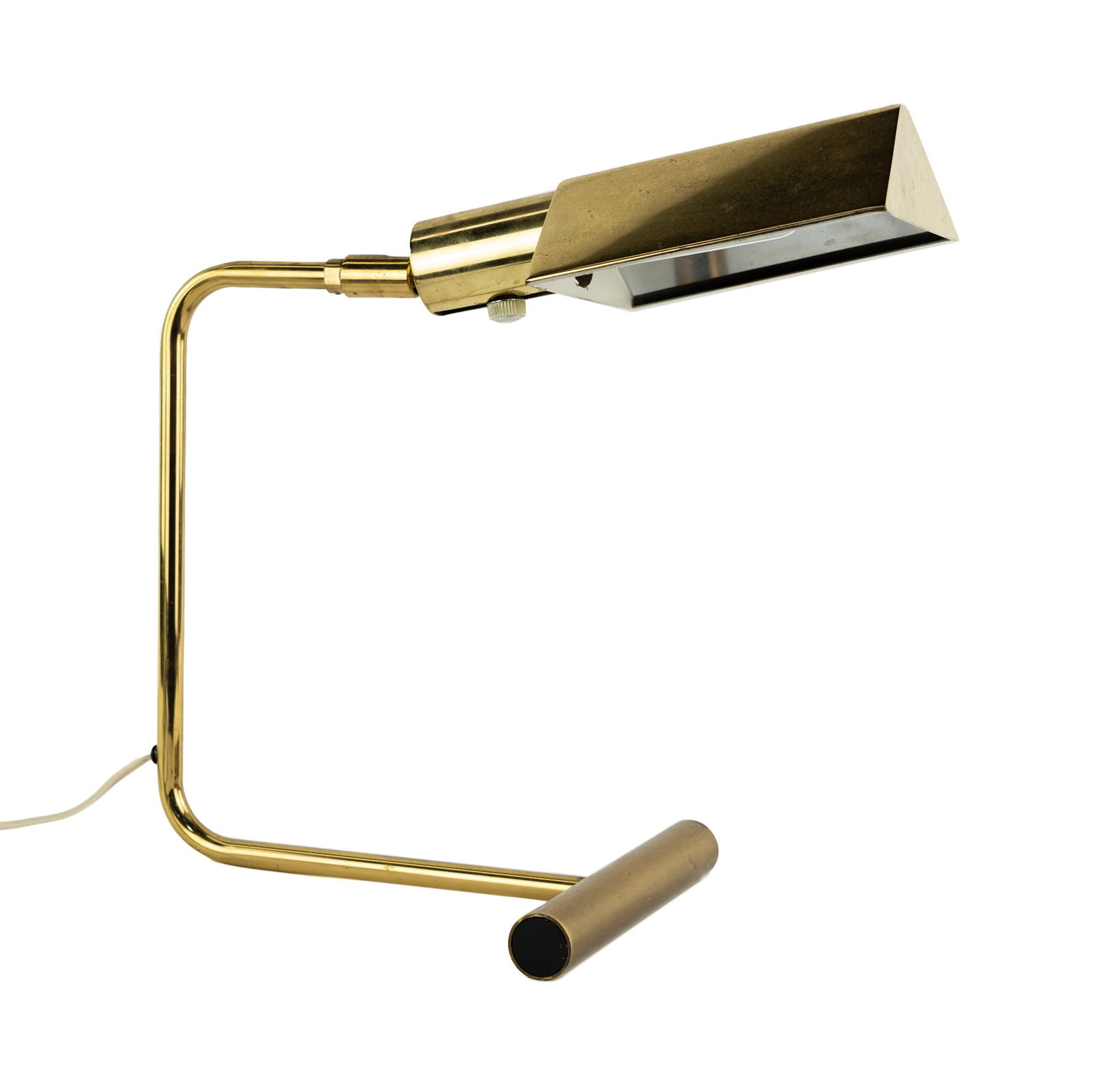 Koch & Lowy Mid-Century Modern Brass Desk Lamp: A Koch & Lowy mid-century modern brass desk lamp having an adjustable triangular shaped head and weighted base. Marked OMI. Tested and dimmer switch is fully functional.