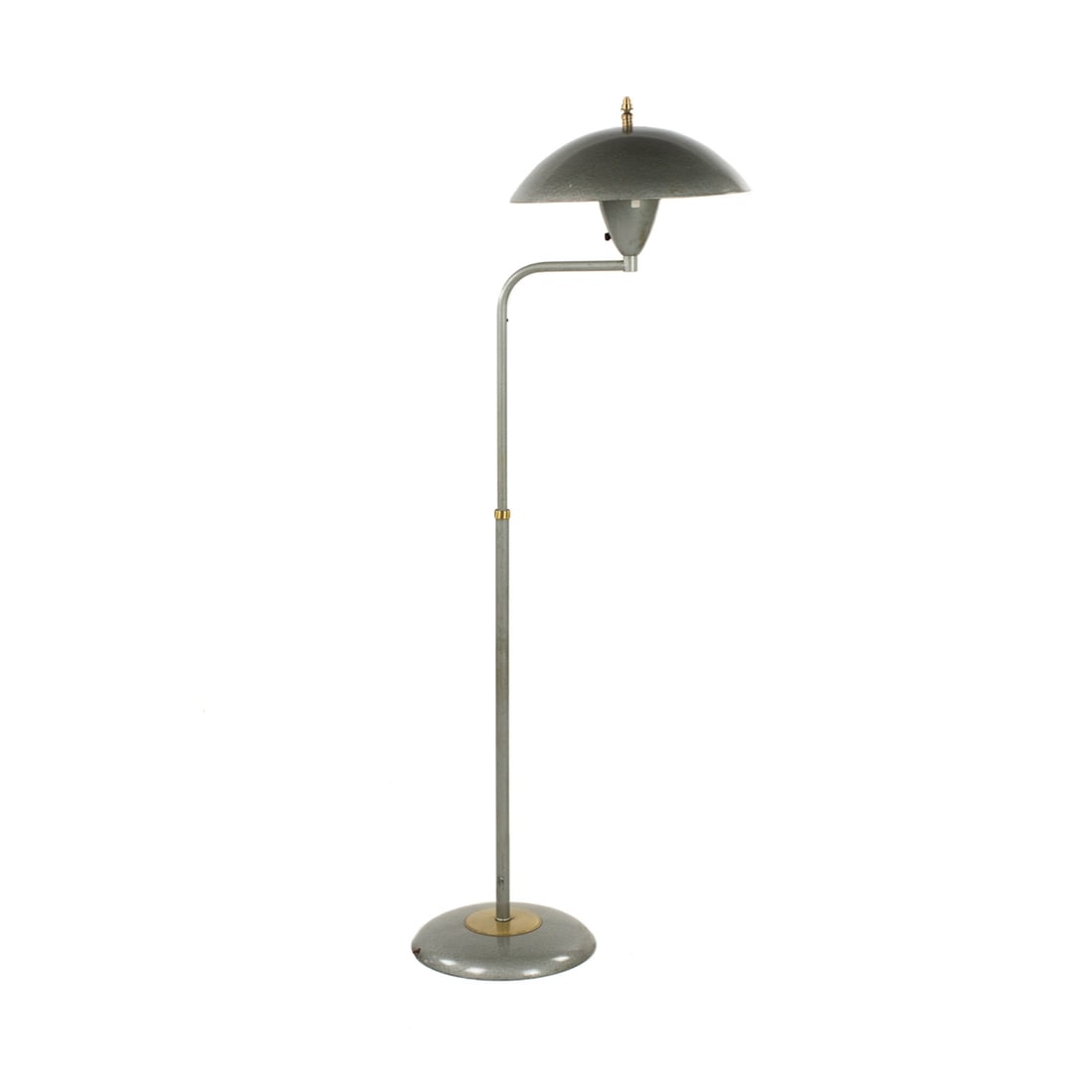 Mid-Century Modern Gooseneck Saucer Grey Floor Lamp: A Mid-Century Modern gooseneck saucer grey painted floor lamp in the style of Gerald Thurston having a painted body with brass accent. Measurements are for max height.
