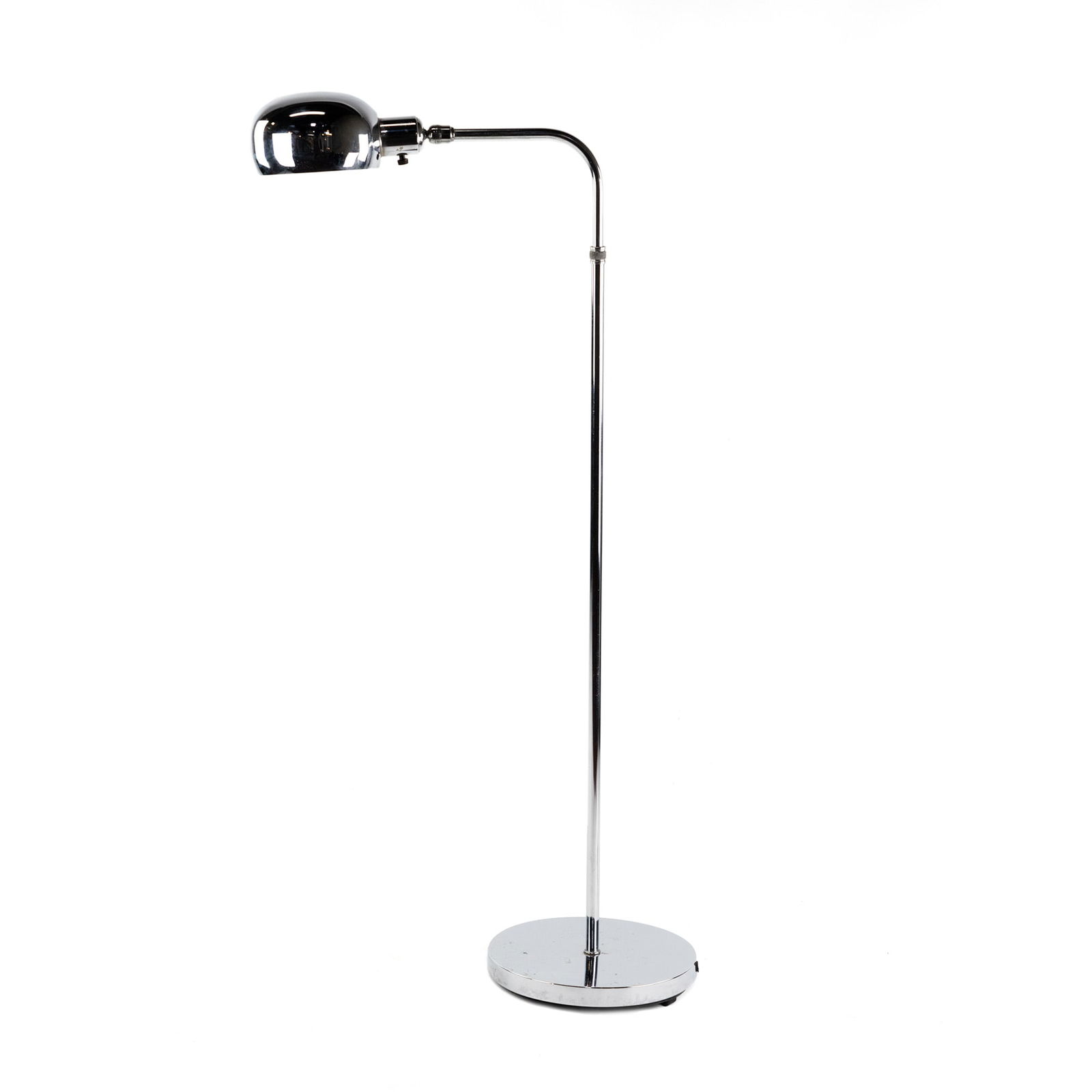 Chrome Adjustable Gooseneck Floor Lamp: A vintage modern style chrome steel floor lamp having an adjustable gooseneck and stem, dome shade, and weighted, round base. Unmarked. Measured at max height.