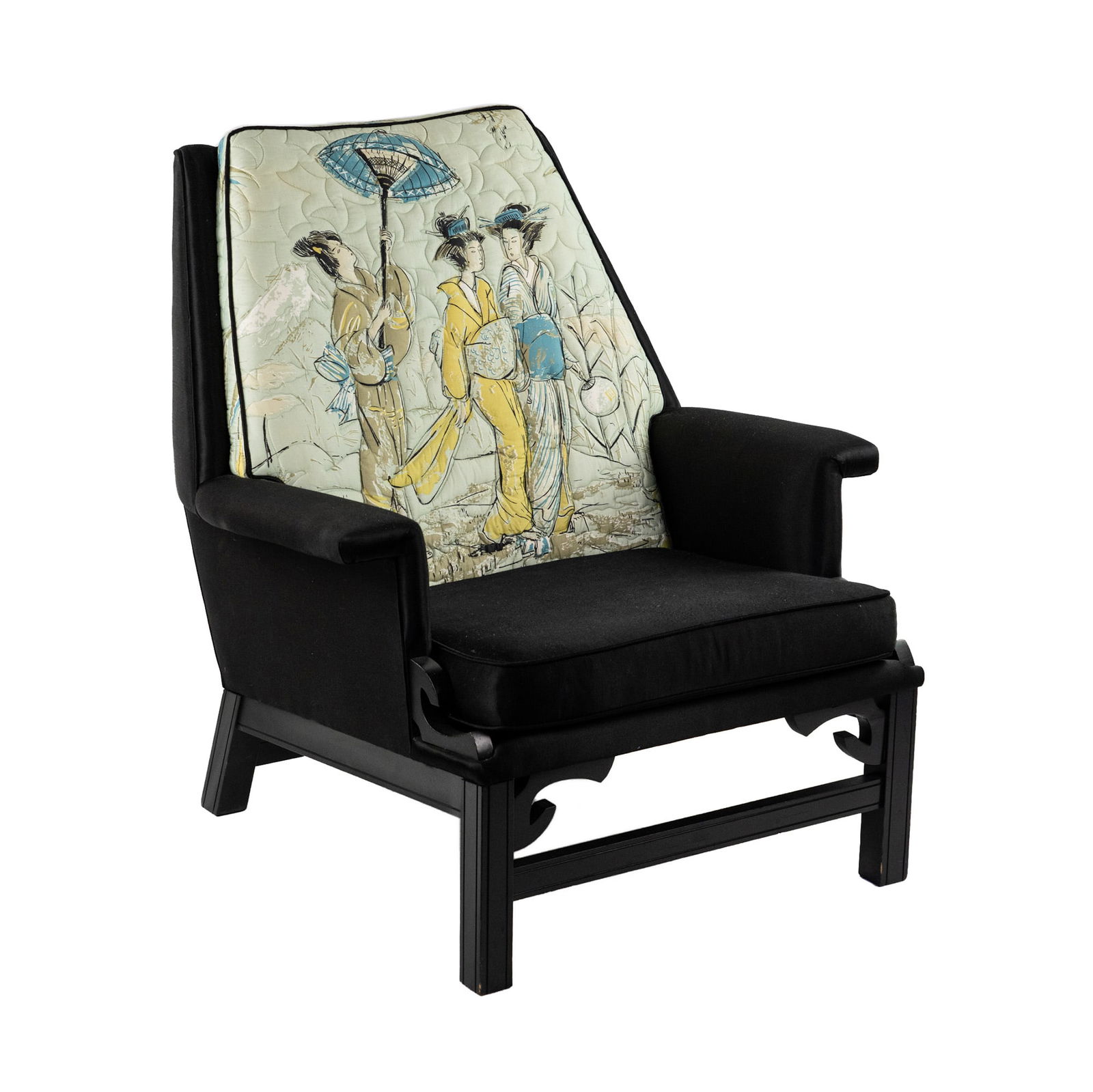 James Mont Attributed Geisha Girls Lounge Chair: A James Mont Design attributed modern lounge chair having a black frame and Japanese geisha upholstery design. Unmarked. Seat height: 15.5"