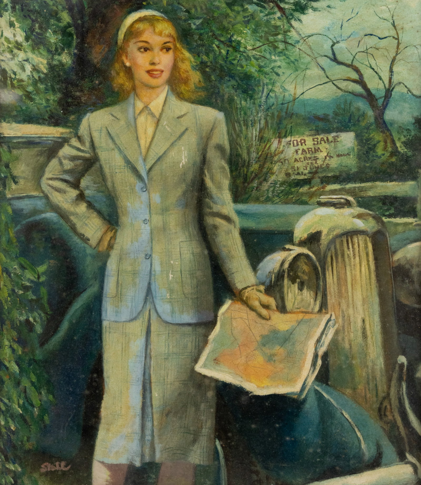 Benjamin Stahl '1947 Rosenblum' O/B Painting: A Benjamin Stahl (American, 1910-1987) oil on paperboard figural painting titled '1947 Rosenblum' depicting a woman wearing a suit skirt and holding a map standing to the side of her car. Signed lower