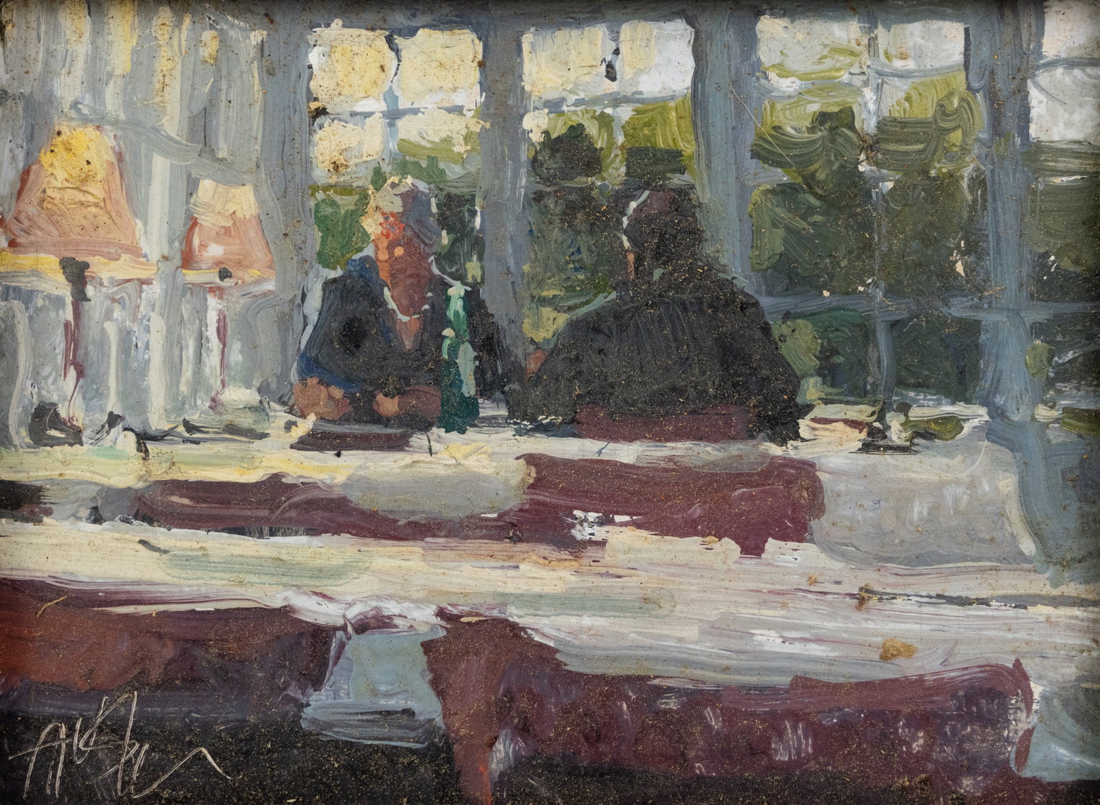 Ken Auster ' More Fizzy Water, Dear?' O/B Painting: A Ken Auster (American 1949-2016) oil on board figural painting titled 'More Fizzy Water, Dear?' depicting an elderly couple sitting at a restaurant table having a meal. Signed lower left. Presented i