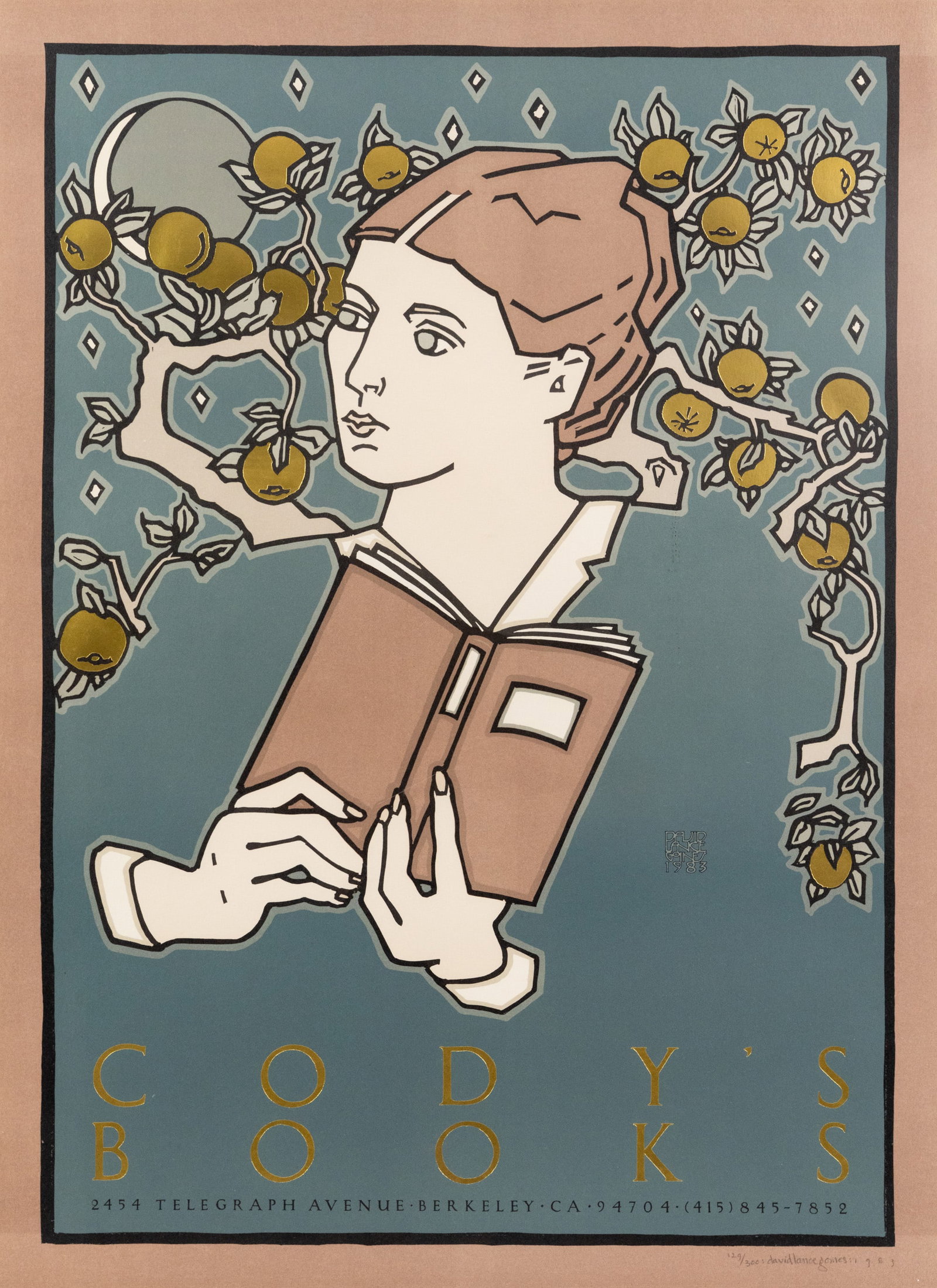 David Lance Goines 'Cody's Books' Limited Lithograph: A 1983 David Lance Goines (American, 1945-2023) limited lithograph depicting a woman with book in front of a fruit tree having 'Cody's Books' written below her. Signed, dated, and editioned '129/300' 
