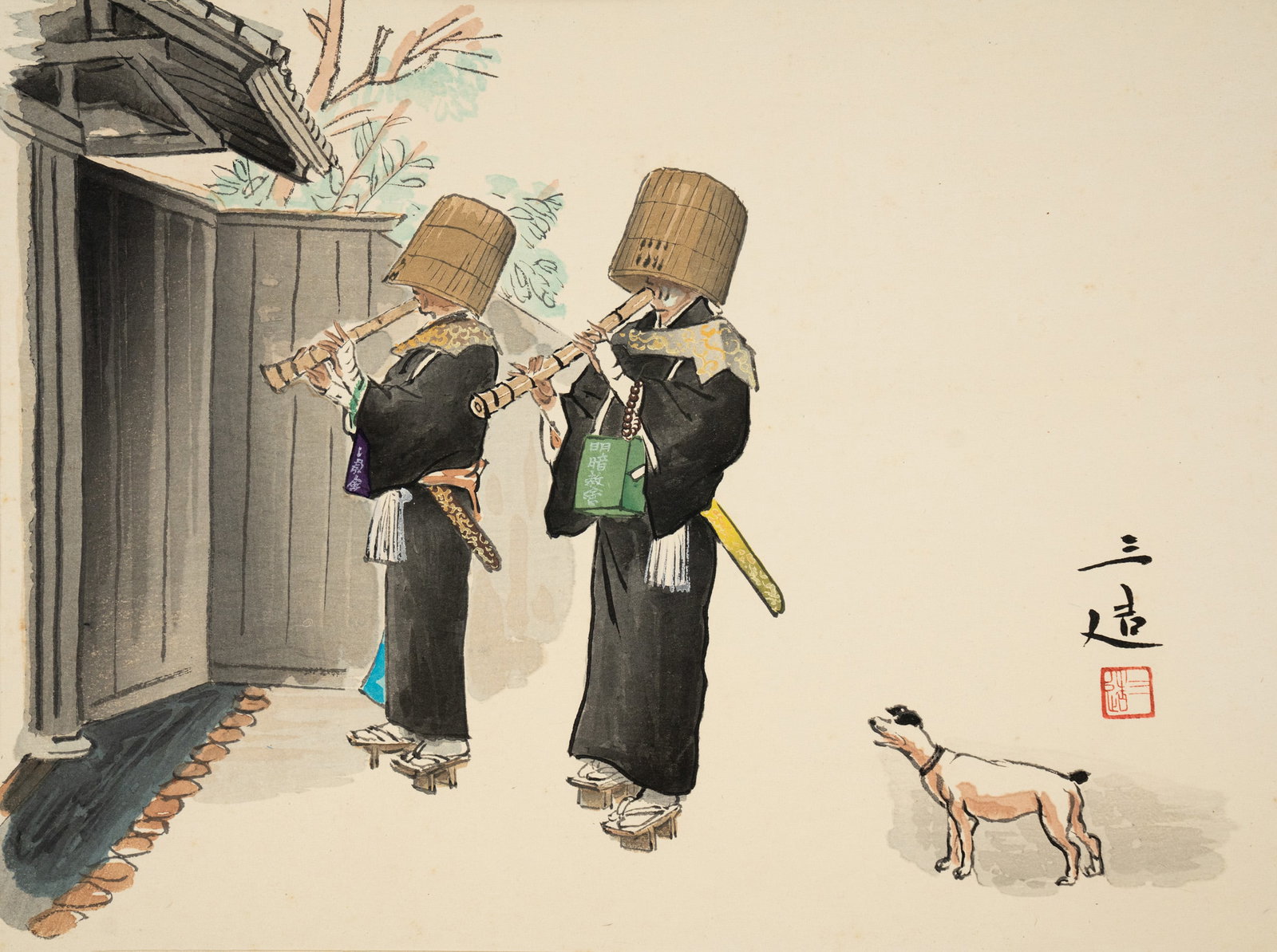 Sanzo Wada 'Priests of the Fuke-Sect' Woodblock Print: A Sanzo Wada (Japanese, 1883-1945) woodblock print titled 'Priests of the Fuke-Sect' depicting Priests of the buddhist Fuke-sect playing the shakuhachi or bamboo flute. Signed in print lower right. Pr