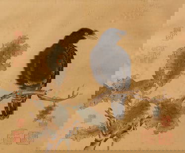Chinese Raven on a Branch Ink on Silk Painting: A 19th century painting on silk depicting a bird, possibly a raven or starling, roosting in a snow tree possibly after Wang Xianzhi. Presented in a frame behind glass. Sight: 11" x 13"