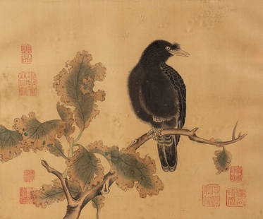 Chinese Raven on a Branch Ink on Silk Painting: A 19th century painting on silk depicting a bird, possibly a raven or starling, roosting in a snow tree possibly after Wang Xianzhi. Presented in a frame behind glass. Sight: 11" x 13"