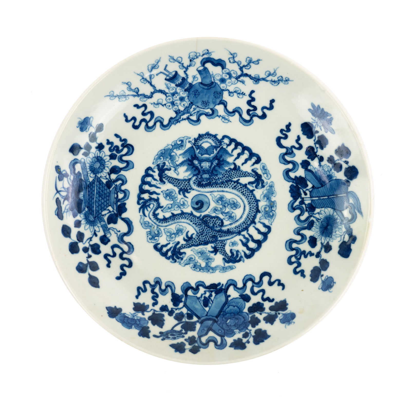 Qing Daoguang Period Blue & White Porcelain Dragon Charger: A Chinese Qing Daoguang period blue and white porcelain charger plate having dragon and flying pearl center motif. Stamped on underside with an export mark in the shape of a peach.