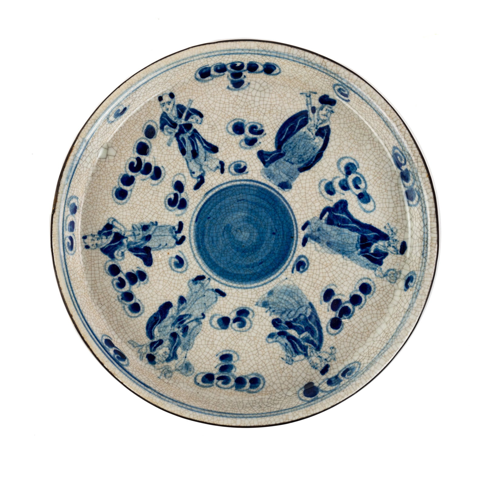 Early 18th C Chinese Jiaqing Blue and White Plate: An early 18th century Chinese Jiaqing period blue and white charger plate with craquelure finish having upturned rim with blue painted center with six figures surrounded by clouds and a blue stripe on