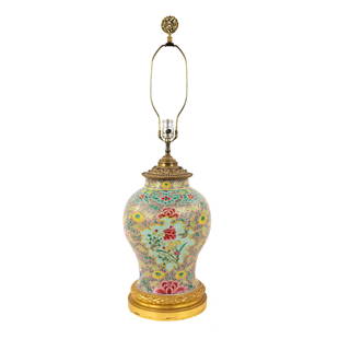 Chinese Famile Rose Mounted Vase Lamp: A Chinese famille rose porcelain vase having a pink ground with turquoise panels with motif throughout and brass embellishments, and featuring a center image on either side depicting sparrows flying a