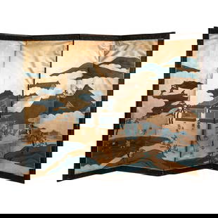 Japanese Gilt and Pigment 4 Panel Painted Screen: A 19th century Japanese ink, gouache, and watercolor on gilt ground four panel screen depicting villagers in their day to day life with a gilt painted sky having mountains peaking through. Marked on o