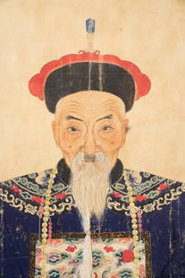 Late Qing Chinese Mandarin Portrait Pigment on Silk: A late Qing Chinese ink, gouache, and watercolor portrait painting on paper depicting a Mandarin or court official in his official mangpao or longpao blue uniform. Unsigned. Provenance: From the estat