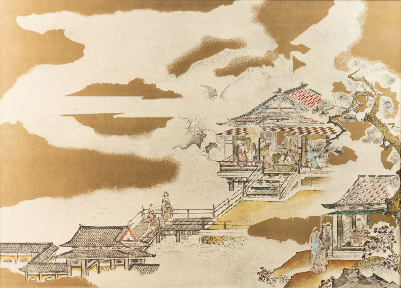 After Kano Tan'yu 'Summer Palace' Gilt Lithograph: A lithograph print after Kano Tan'yu titled 'Summer Palace' having gilt embellishment and depicting several official walking along a wooden walkway to meet with the emperor. Sight: 20" x 27"