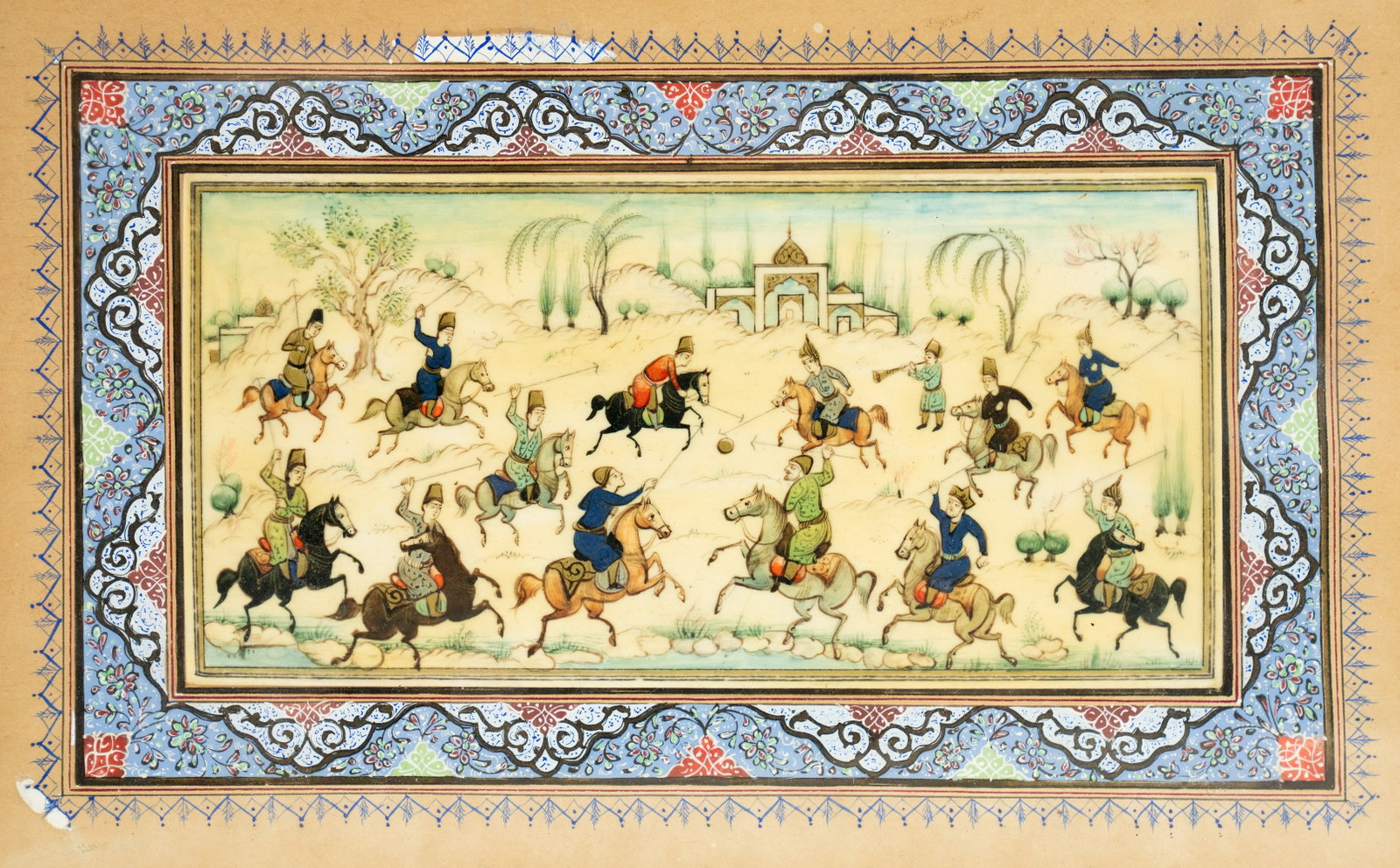 Framed Persian Miniature Painting on Bone: A miniature Persian painting on bone depicting a game of polo on horseback in front of a palace, and having a hand painted border embellishing the centerpiece with geometric and floral motifs. Present