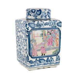 Chinese Export Bombay Co Blue and White Tea Caddy: A 1980's Chinese Export Bombay Company blue and white lidded tea caddy jar having painted figural scene. Marked on underside.