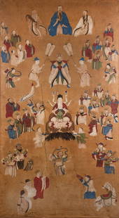 Ding Yunpeng Watercolor and Ink on Paper: A Ding Yunpeng ??? (Chinese, 1547-1628) watercolor and ink with gilt on paper depicting the Chinese gods and deities including the San Qing (Yu Qing, Shang Qing, and Tai Qing - (????????), Fuxi ?? Dou