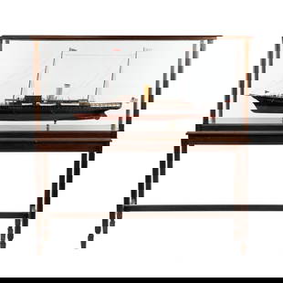 1920s 'Corsair' Model Ship and Display Case: A 1920s scale model of J.P. Morgan 'Corsair' yacht with custom-built mahogany and glass display case on stand.