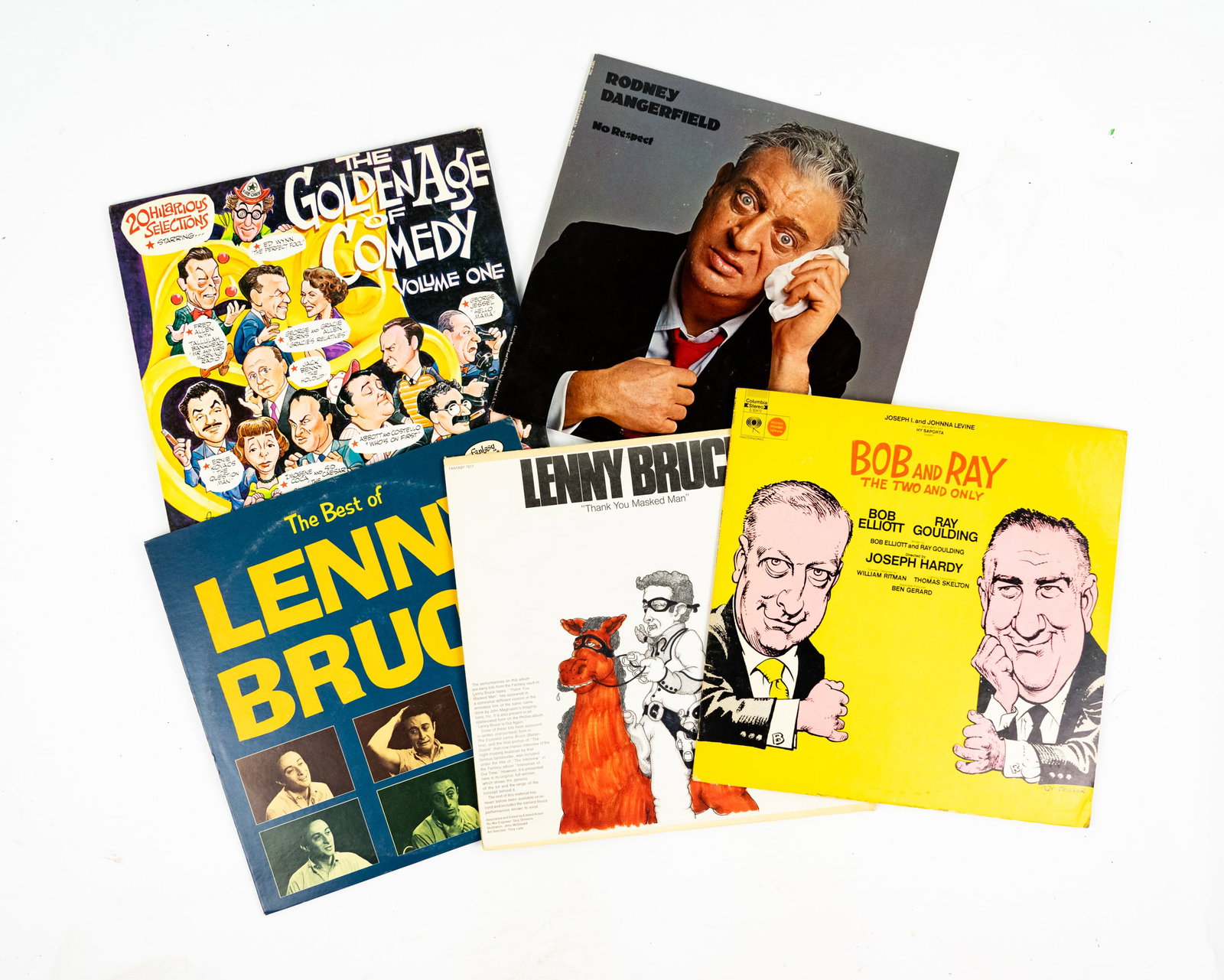(5) Group of Vintage Comedy Vinyl Records: A group of five (5) vintage comedy vinyl records including: 'Bob And Ray The Two And Only', Lenny Bruce's 'Thank You Masked Man', 'The Best Of Lenny Bruce', Rodney Dangerfield 'No Respect', and 'The G