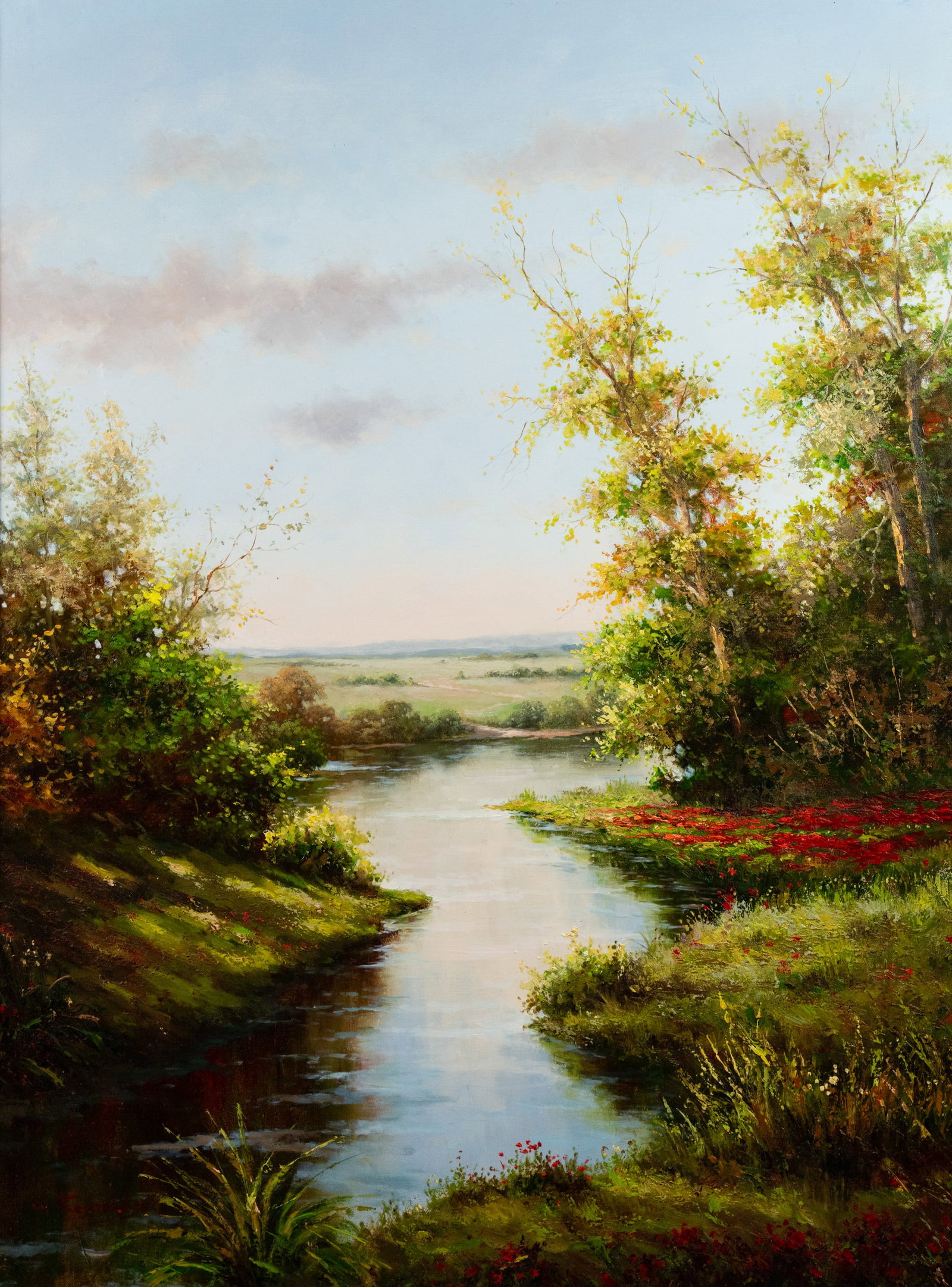 Pastoral Stream Landscape Oil on Canvas Painting: An oil on canvas landscape depicting pastoral landscape scene with a country trail in the background leading to a tree lined stream in the foreground. Unsigned. Presented in a fluted cove gilt wood fr