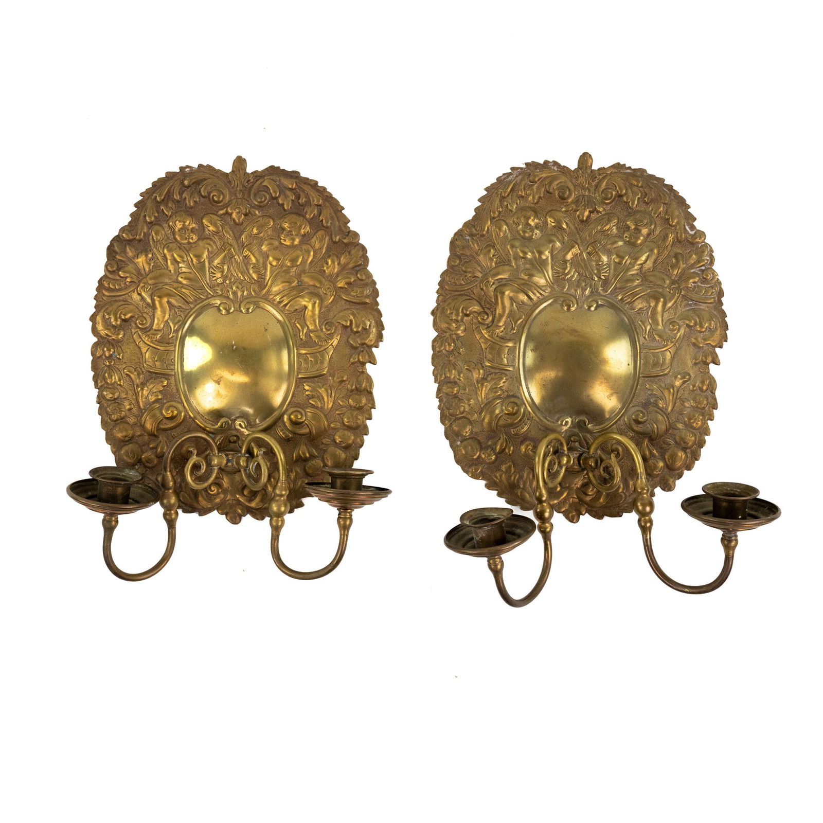 (2) 19th C Gold Finish Cast Brass Cherub Sconces (1 of 9)