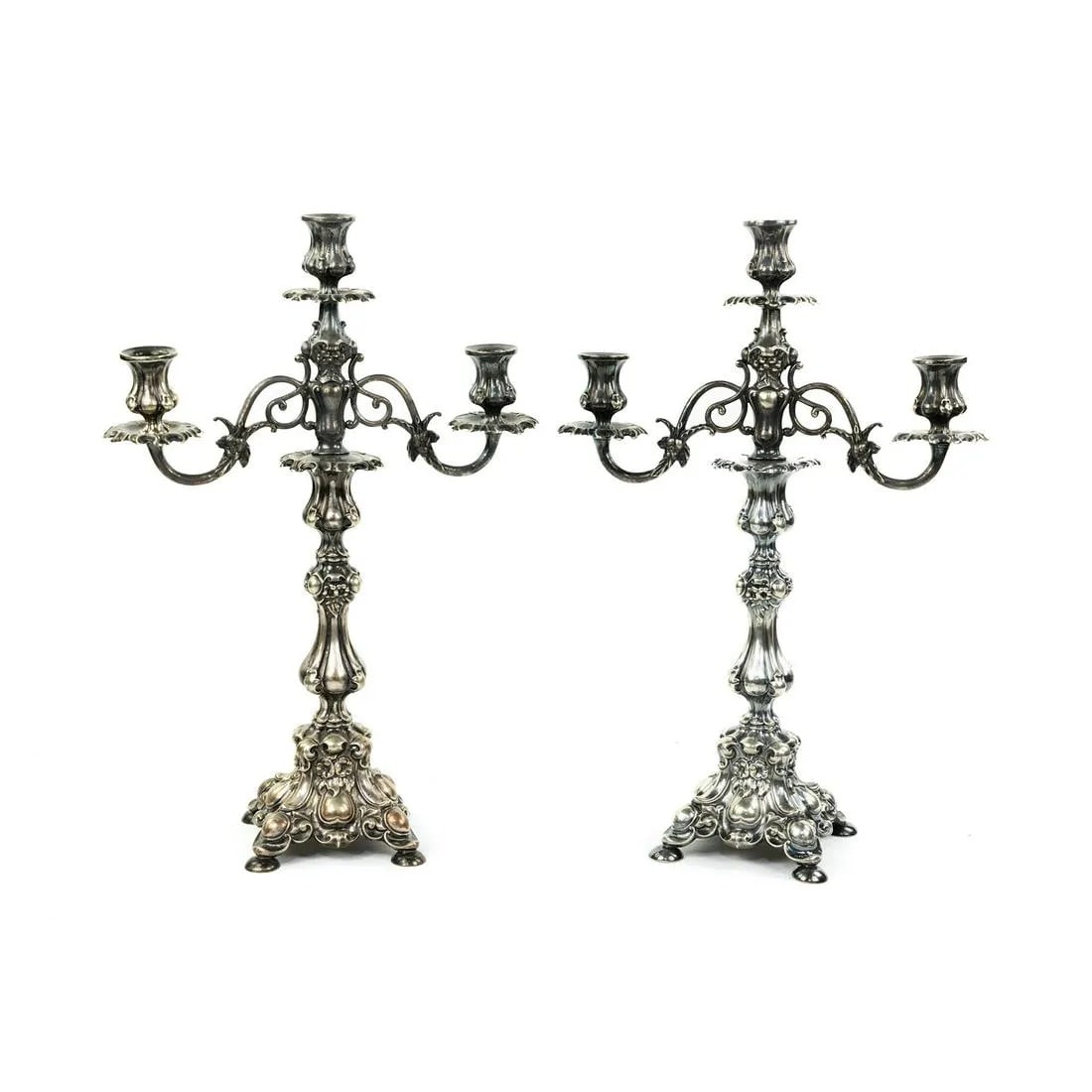 (2) Pair of Rococo Style Three Light Silver Plate Candelabras (1 of 11)