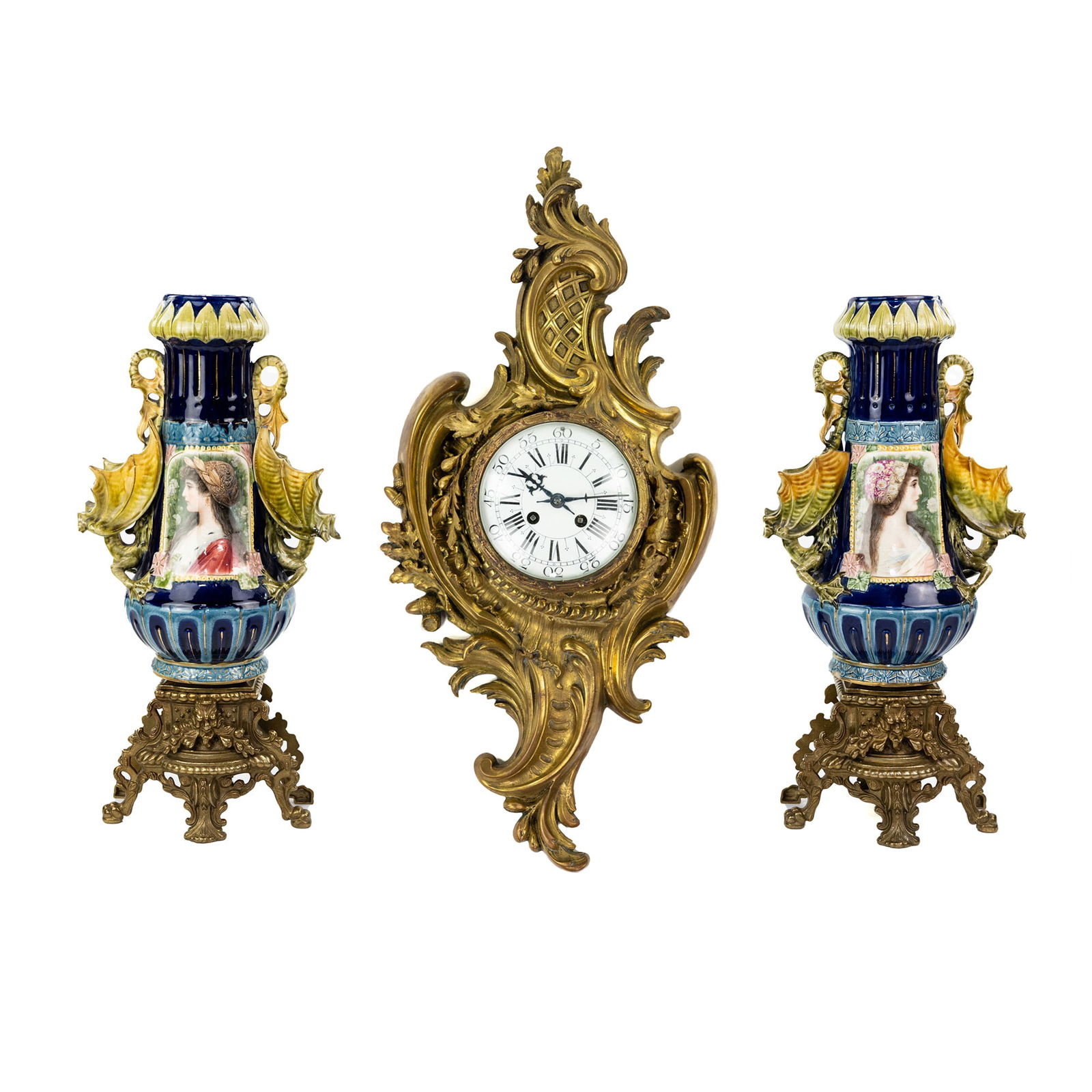 (3) French Cartel Clock and Austrian Majolica Vases (1 of 13)