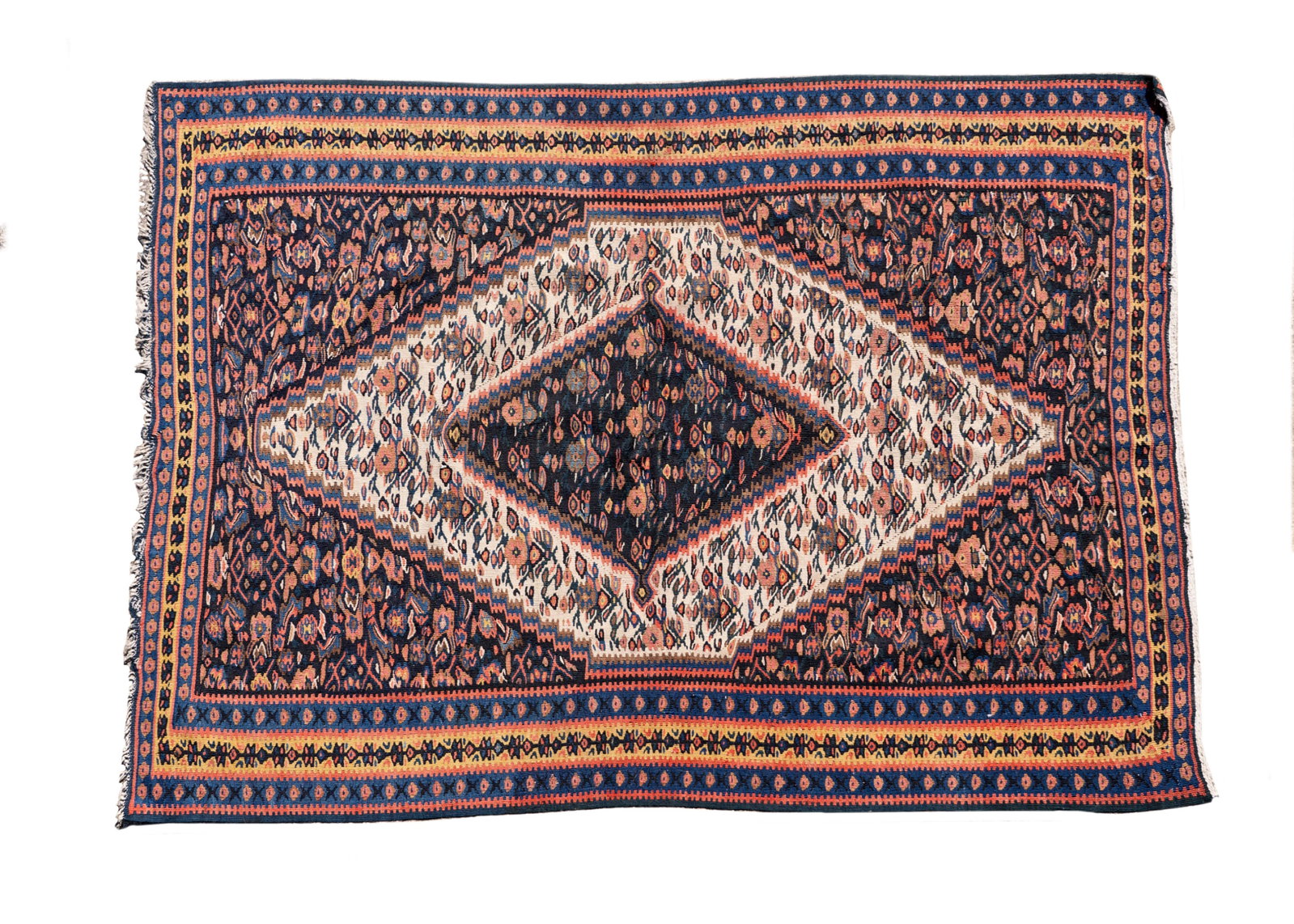 Early 20th Century Senneh Kilim Rug: An early 20th century Persian Senneh Kilim rug having ivory ground with light red and blue floral designs.