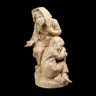 Antonio Frilli Marble Sculpture of Beggar Children: An Antonio Frilli (Italian, 1860- 1902) carved marble figural sculpture depicting two beggar children, a girl and boy; the girl, in a headscarf, quilted shirt, skirt and shoes holding her hand