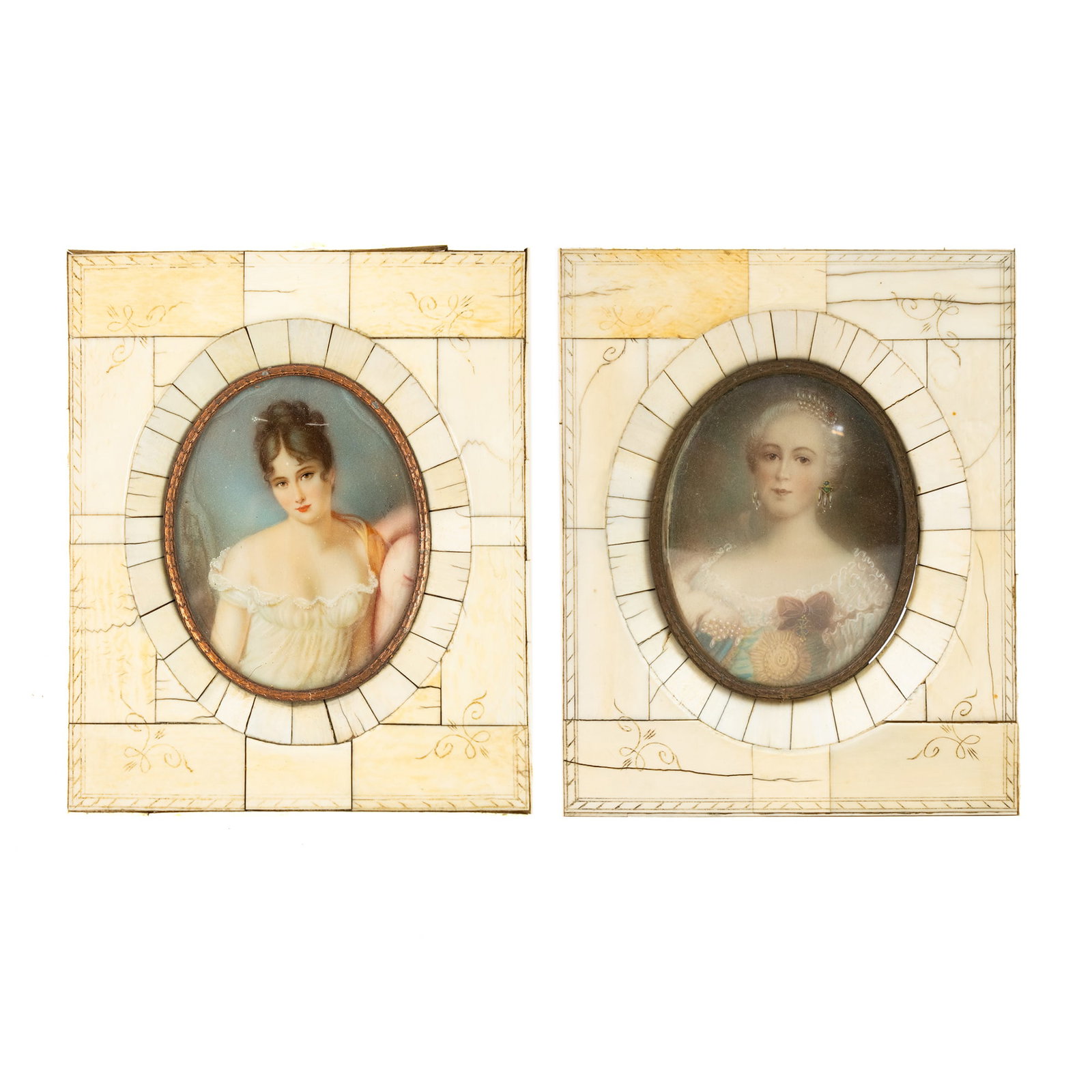 (2) German Miniature Portraits Paintings in Bone Frames: A pair of miniature German Victorian women's portrait paintings; each in a frame of tessellated bone having an oval shaped sight featuring a gilt border of guilloche motifs.