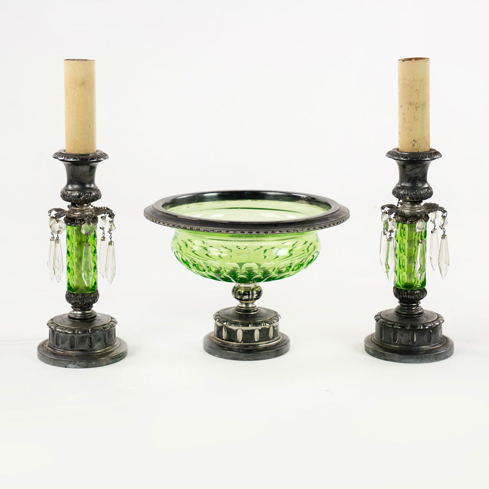 (3) 1920s Uranium Glass and Silver Pairpoint Garniture Set (1 of 19)