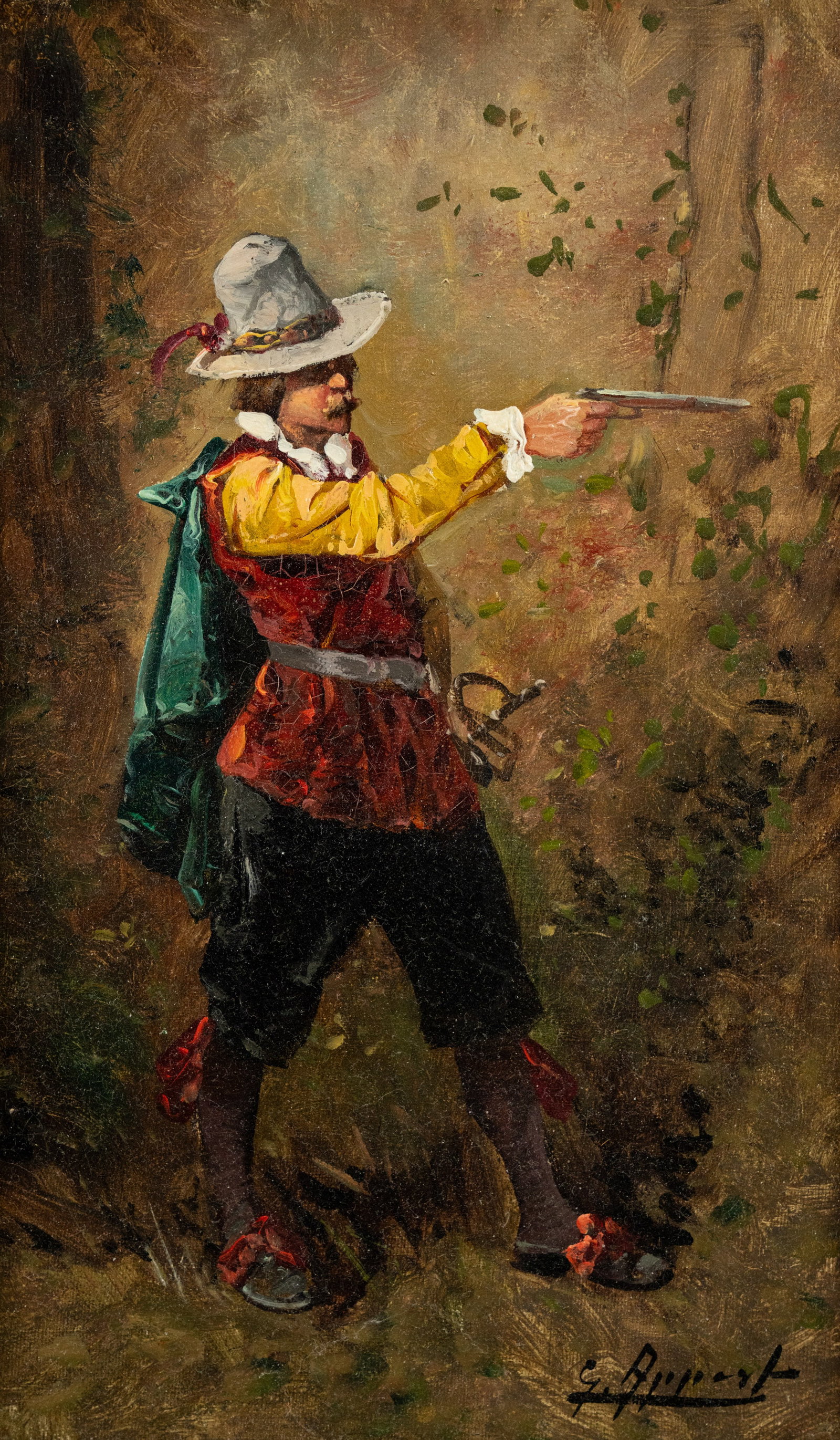 George Appert Cavalier with Pistol Oil on Canvas: A George Appert (French, 1850-1934) oil on canvas painting depicting a cavalier holding a pistol at the ready. Signed lower right. Presented in an ornately carved gilt wood frame. Sight: 14" x 8.5"