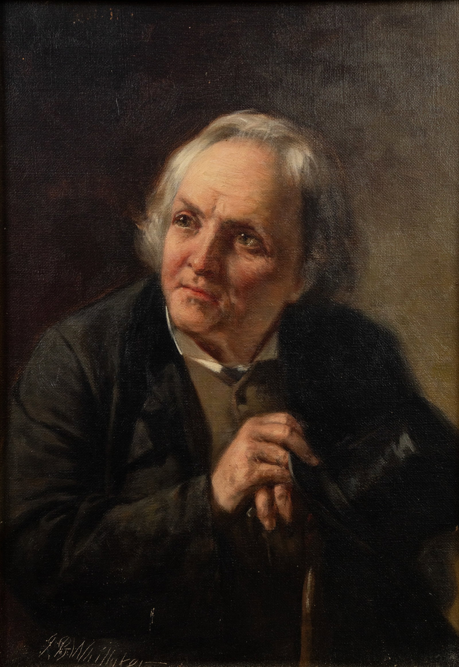 John Barnard Whittaker Old Gentleman Oil on Canvas: A John Barnard Whittaker (American, 1836-1926) oil on canvas painting depicting a seated old gentleman in a black coat. Signed lower left. Presented in gilt wood frame. Sight: 13.5" x 9.5"