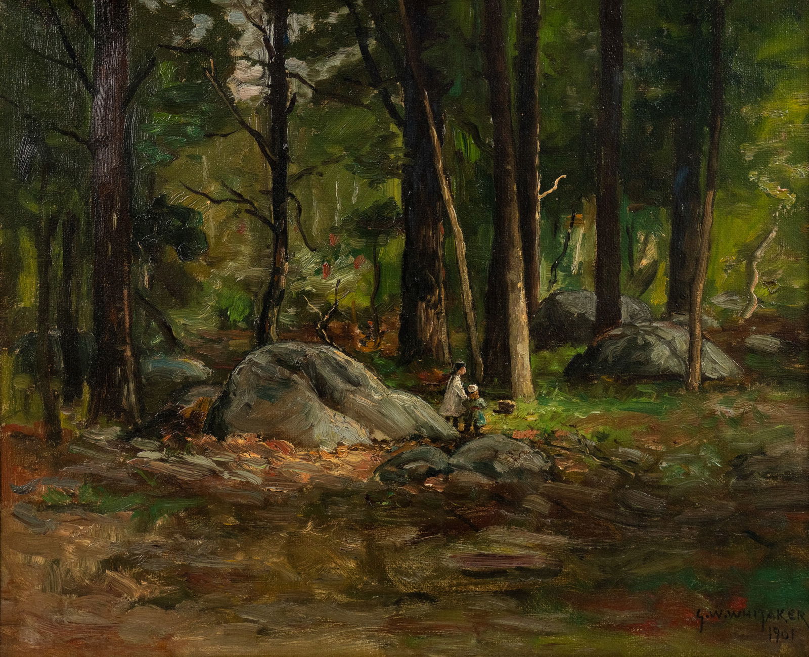 George William Whitaker Children in the Forest O/C: A George William Whitaker (American, 1841-1916) oil on canvas painting depicting a forest landscape with two children holding hands standing at the entrance to the forest. Signed and dated '1901' lowe