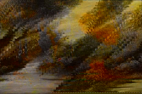 John Williamson River Landscape O/C Painting: A John Williamson (American, 1826-1885) signed oil on canvas landscape painting depicting a figure near a river at sunset. Signed in the bottom left corner and presented in an ornate, antique wooden g