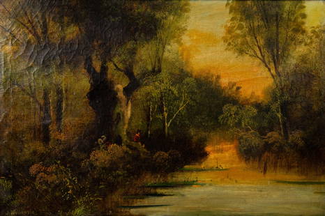 John Williamson River Landscape O/C Painting: A John Williamson (American, 1826-1885) signed oil on canvas landscape painting depicting a figure near a river at sunset. Signed in the bottom left corner and presented in an ornate, antique wooden