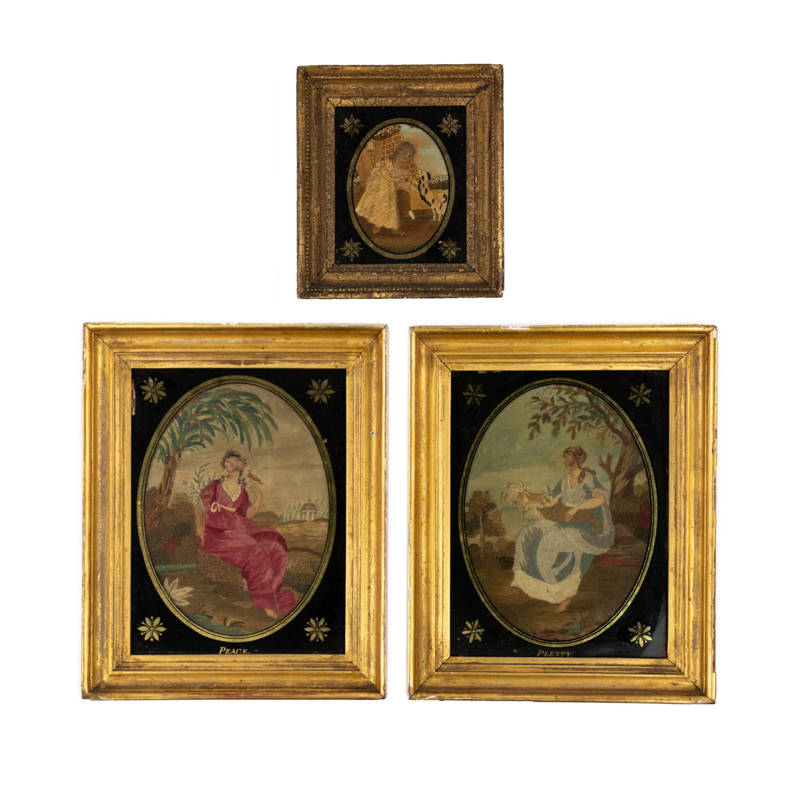 (3) Victorian Embroidery Classical Figure Portraits: A group of (3) Victorian embroidery and watercolor classical figure portraits including a portrait of Demeter in a blue dress holding cornucopia and titled 'Plenty', and a portrait of Irene in red hol
