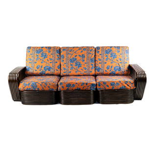 Paul Frankl Six-Strand Chocolate Pretzel 3 Seat Sofa: A Paul Frankl (Austrian 1886-1958) chocolate finish six-strand bamboo pretzel sectional sofa having a right arm, left arm and center sectional; each piece having a stacked bamboo base with rattan wrap