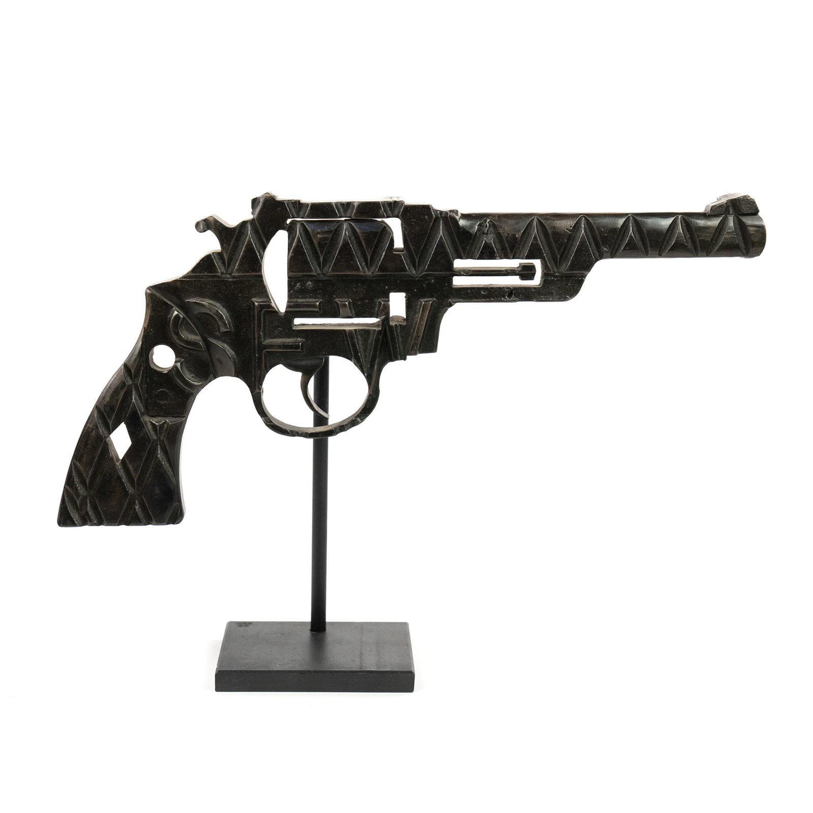 Andrew Crawford Cast Iron 'Pothole Pistol' Sculpture: An Andrew T. Crawford (American, b.1970) cast iron sculpture titled 'Pothole Pistol' made from a manhole cover and shaped into a pistol. Sculpture is mounted on a metal base. Made in 2012. Marked 'ATC