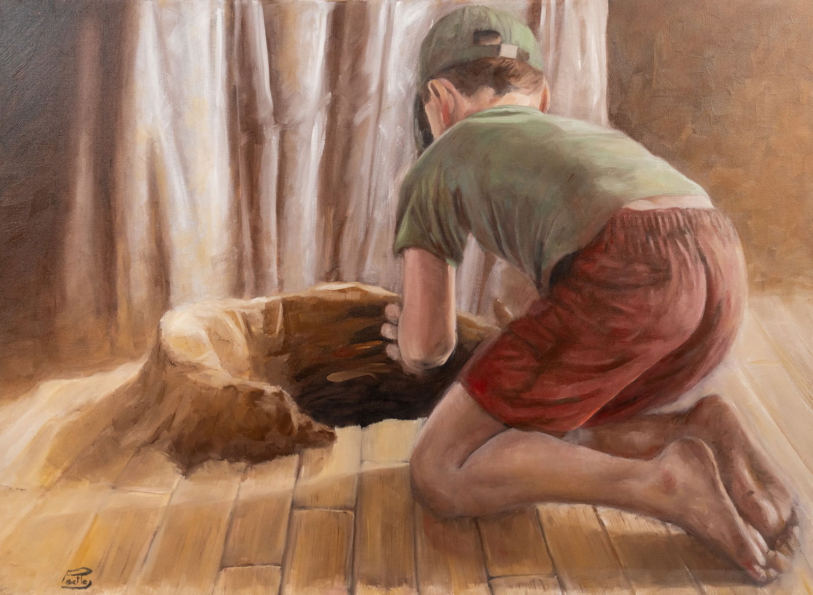Piotr Betlej 'Domek' Oil on Canvas Painting: A Piotr Betlej (Polish, b.1972) oil on canvas painting titled 'Domek' depicting a young boy building something out of clay on a wooden floor. Signed lower left. Includes certificate of authenticity.