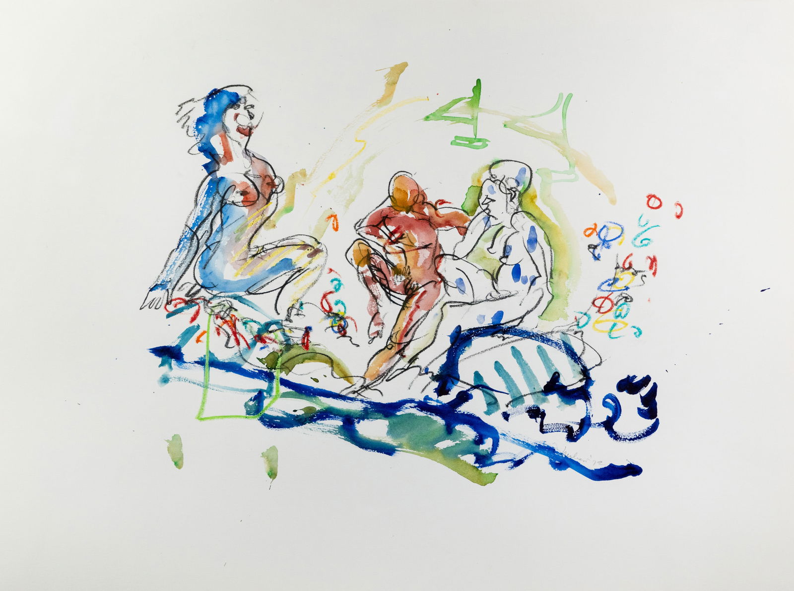 James Herbert Group Nude Mixed Media on Paper: A James Herbert (American b. 1938) gouche & charcoal mixed media on paper depicting a group of three people at rest in the nude. Signed and dated '72' or '92' lower right inside the work. Presented in