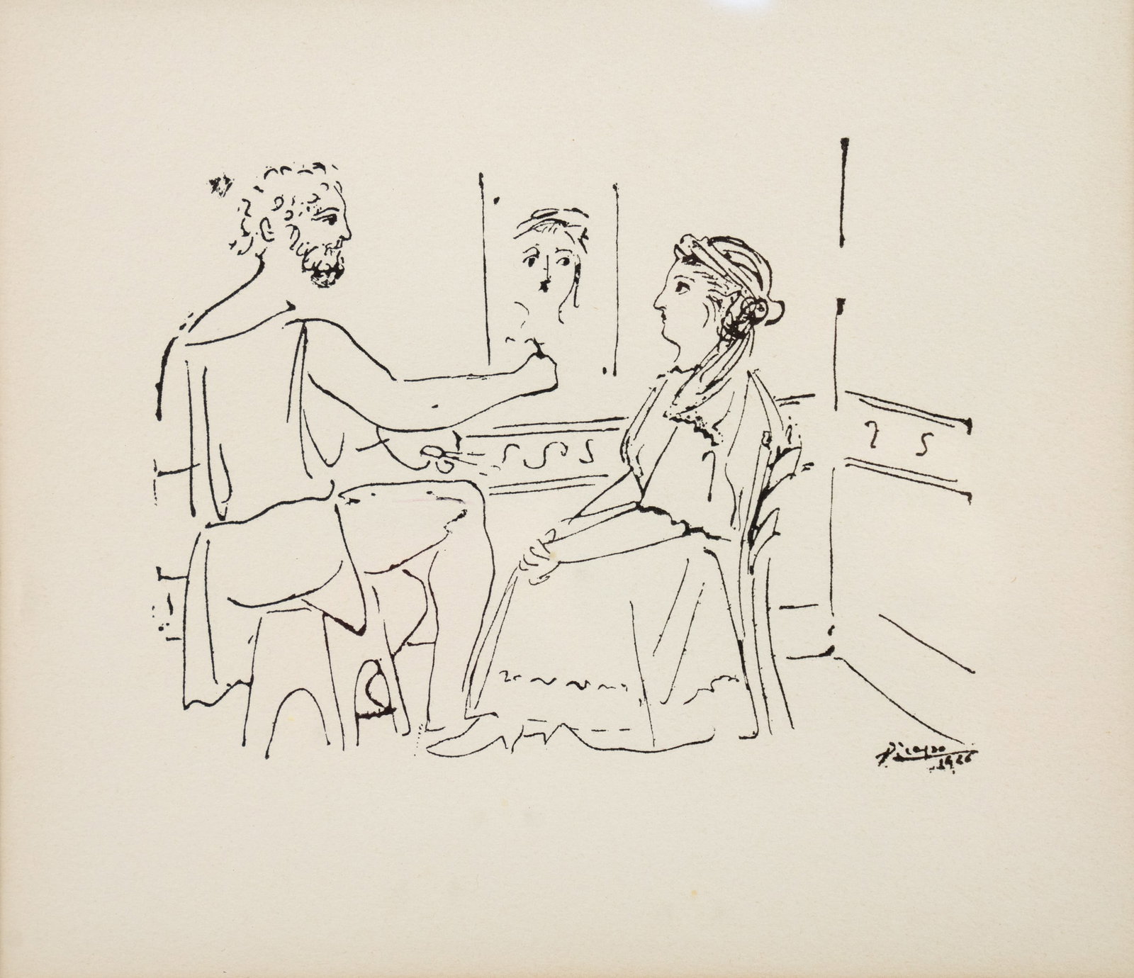 After Picasso 'La Pose Du Modele' Woodcut Engraving: After Pablo Picasso woodcut engraving titled 'La Pose Du Modele' depicting an artist painting his model who sits beside him. Signed in print lower right. Presented in a gilt frame behind glass. Sight: