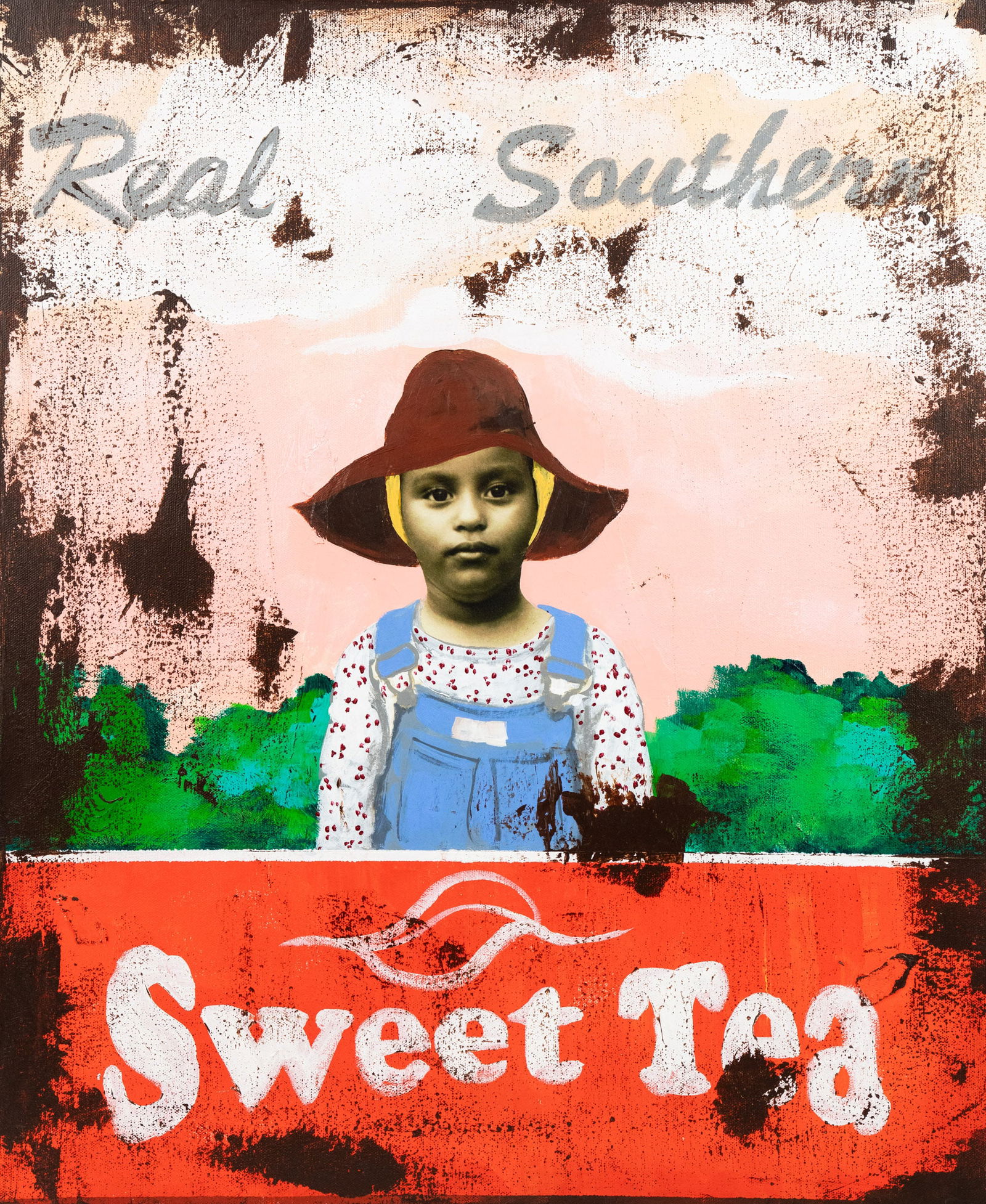 Cedric Smith 'Sweet Tea' Mixed Media on Canvas: A Cedric Smith (American, b. 1970) mixed media on canvas titled 'Sweet Tea' depicting a child in overalls standing in a field behind a sweet tea stand. Signed, titled and dated '2006' on verso. Presen